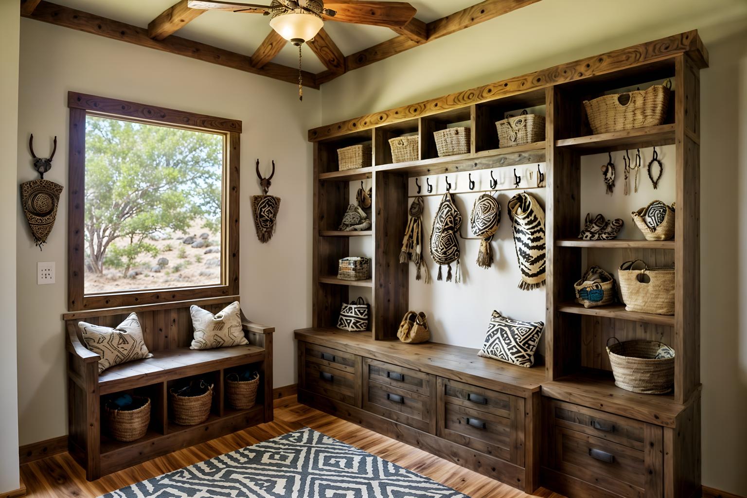 tribal-style (mudroom interior) with cubbies and wall hooks for coats and cabinets and a bench and storage baskets and shelves for shoes and storage drawers and high up storage. . with tribal patterns and tribal revival and planks of stone and animal prints and sculptures and artworks and smooth worn timbers and desert colours and animal furslinen. . cinematic photo, highly detailed, cinematic lighting, ultra-detailed, ultrarealistic, photorealism, 8k. tribal interior design style. masterpiece, cinematic light, ultrarealistic+, photorealistic+, 8k, raw photo, realistic, sharp focus on eyes, (symmetrical eyes), (intact eyes), hyperrealistic, highest quality, best quality, , highly detailed, masterpiece, best quality, extremely detailed 8k wallpaper, masterpiece, best quality, ultra-detailed, best shadow, detailed background, detailed face, detailed eyes, high contrast, best illumination, detailed face, dulux, caustic, dynamic angle, detailed glow. dramatic lighting. highly detailed, insanely detailed hair, symmetrical, intricate details, professionally retouched, 8k high definition. strong bokeh. award winning photo.