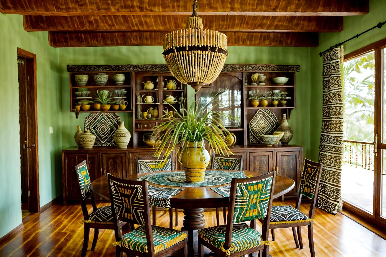 tribal-style (dining room interior) with light or chandelier and bookshelves and dining table and table cloth and dining table chairs and painting or photo on wall and vase and plant. . with hand dyed batik fabrics and intricate grass weaving and animal prints and exuberant splashes of colour and smooth worn timbers and desert colours and tribal patterns and animal furslinen. . cinematic photo, highly detailed, cinematic lighting, ultra-detailed, ultrarealistic, photorealism, 8k. tribal interior design style. masterpiece, cinematic light, ultrarealistic+, photorealistic+, 8k, raw photo, realistic, sharp focus on eyes, (symmetrical eyes), (intact eyes), hyperrealistic, highest quality, best quality, , highly detailed, masterpiece, best quality, extremely detailed 8k wallpaper, masterpiece, best quality, ultra-detailed, best shadow, detailed background, detailed face, detailed eyes, high contrast, best illumination, detailed face, dulux, caustic, dynamic angle, detailed glow. dramatic lighting. highly detailed, insanely detailed hair, symmetrical, intricate details, professionally retouched, 8k high definition. strong bokeh. award winning photo.