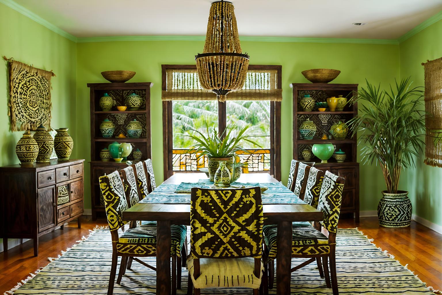 tribal-style (dining room interior) with light or chandelier and bookshelves and dining table and table cloth and dining table chairs and painting or photo on wall and vase and plant. . with hand dyed batik fabrics and intricate grass weaving and animal prints and exuberant splashes of colour and smooth worn timbers and desert colours and tribal patterns and animal furslinen. . cinematic photo, highly detailed, cinematic lighting, ultra-detailed, ultrarealistic, photorealism, 8k. tribal interior design style. masterpiece, cinematic light, ultrarealistic+, photorealistic+, 8k, raw photo, realistic, sharp focus on eyes, (symmetrical eyes), (intact eyes), hyperrealistic, highest quality, best quality, , highly detailed, masterpiece, best quality, extremely detailed 8k wallpaper, masterpiece, best quality, ultra-detailed, best shadow, detailed background, detailed face, detailed eyes, high contrast, best illumination, detailed face, dulux, caustic, dynamic angle, detailed glow. dramatic lighting. highly detailed, insanely detailed hair, symmetrical, intricate details, professionally retouched, 8k high definition. strong bokeh. award winning photo.