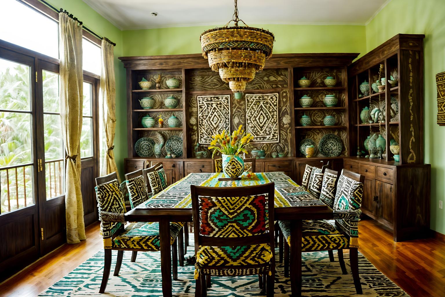 tribal-style (dining room interior) with light or chandelier and bookshelves and dining table and table cloth and dining table chairs and painting or photo on wall and vase and plant. . with hand dyed batik fabrics and intricate grass weaving and animal prints and exuberant splashes of colour and smooth worn timbers and desert colours and tribal patterns and animal furslinen. . cinematic photo, highly detailed, cinematic lighting, ultra-detailed, ultrarealistic, photorealism, 8k. tribal interior design style. masterpiece, cinematic light, ultrarealistic+, photorealistic+, 8k, raw photo, realistic, sharp focus on eyes, (symmetrical eyes), (intact eyes), hyperrealistic, highest quality, best quality, , highly detailed, masterpiece, best quality, extremely detailed 8k wallpaper, masterpiece, best quality, ultra-detailed, best shadow, detailed background, detailed face, detailed eyes, high contrast, best illumination, detailed face, dulux, caustic, dynamic angle, detailed glow. dramatic lighting. highly detailed, insanely detailed hair, symmetrical, intricate details, professionally retouched, 8k high definition. strong bokeh. award winning photo.