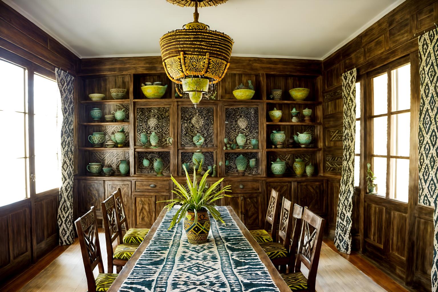 tribal-style (dining room interior) with light or chandelier and bookshelves and dining table and table cloth and dining table chairs and painting or photo on wall and vase and plant. . with hand dyed batik fabrics and intricate grass weaving and animal prints and exuberant splashes of colour and smooth worn timbers and desert colours and tribal patterns and animal furslinen. . cinematic photo, highly detailed, cinematic lighting, ultra-detailed, ultrarealistic, photorealism, 8k. tribal interior design style. masterpiece, cinematic light, ultrarealistic+, photorealistic+, 8k, raw photo, realistic, sharp focus on eyes, (symmetrical eyes), (intact eyes), hyperrealistic, highest quality, best quality, , highly detailed, masterpiece, best quality, extremely detailed 8k wallpaper, masterpiece, best quality, ultra-detailed, best shadow, detailed background, detailed face, detailed eyes, high contrast, best illumination, detailed face, dulux, caustic, dynamic angle, detailed glow. dramatic lighting. highly detailed, insanely detailed hair, symmetrical, intricate details, professionally retouched, 8k high definition. strong bokeh. award winning photo.