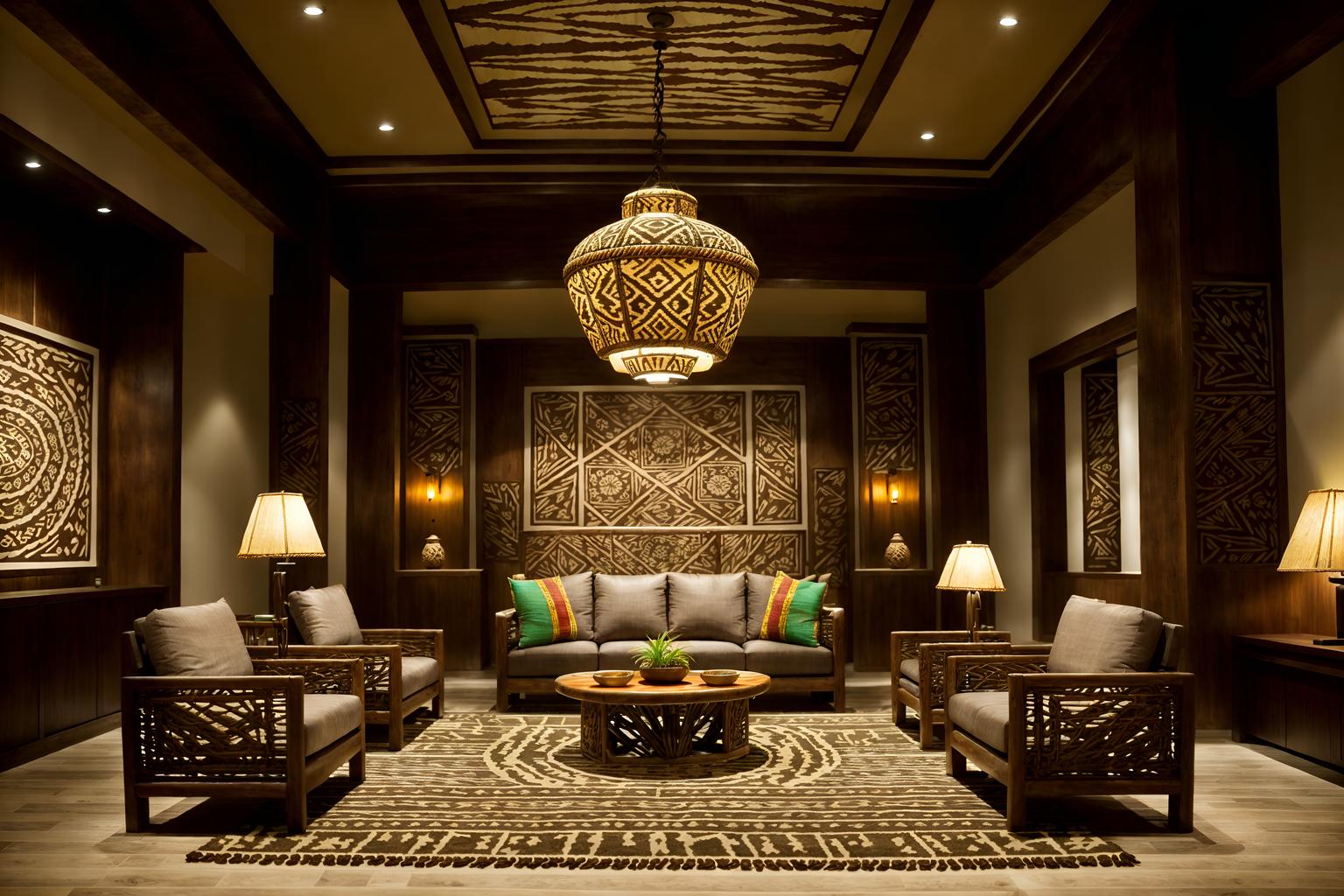 tribal-style (hotel lobby interior) with hanging lamps and sofas and check in desk and furniture and coffee tables and plant and rug and lounge chairs. . with sculptures and artworks and tribal patterns and intricate grass weaving and smooth worn timbers and desert colours and tribal revival and animal prints and planks of stone. . cinematic photo, highly detailed, cinematic lighting, ultra-detailed, ultrarealistic, photorealism, 8k. tribal interior design style. masterpiece, cinematic light, ultrarealistic+, photorealistic+, 8k, raw photo, realistic, sharp focus on eyes, (symmetrical eyes), (intact eyes), hyperrealistic, highest quality, best quality, , highly detailed, masterpiece, best quality, extremely detailed 8k wallpaper, masterpiece, best quality, ultra-detailed, best shadow, detailed background, detailed face, detailed eyes, high contrast, best illumination, detailed face, dulux, caustic, dynamic angle, detailed glow. dramatic lighting. highly detailed, insanely detailed hair, symmetrical, intricate details, professionally retouched, 8k high definition. strong bokeh. award winning photo.