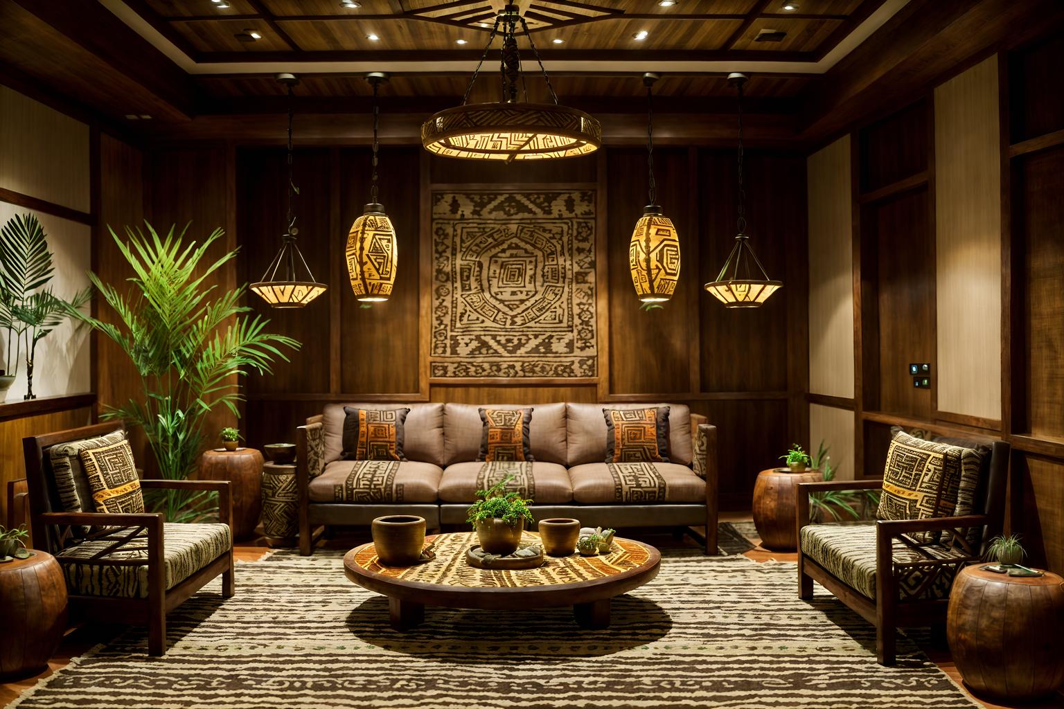 tribal-style (hotel lobby interior) with hanging lamps and sofas and check in desk and furniture and coffee tables and plant and rug and lounge chairs. . with sculptures and artworks and tribal patterns and intricate grass weaving and smooth worn timbers and desert colours and tribal revival and animal prints and planks of stone. . cinematic photo, highly detailed, cinematic lighting, ultra-detailed, ultrarealistic, photorealism, 8k. tribal interior design style. masterpiece, cinematic light, ultrarealistic+, photorealistic+, 8k, raw photo, realistic, sharp focus on eyes, (symmetrical eyes), (intact eyes), hyperrealistic, highest quality, best quality, , highly detailed, masterpiece, best quality, extremely detailed 8k wallpaper, masterpiece, best quality, ultra-detailed, best shadow, detailed background, detailed face, detailed eyes, high contrast, best illumination, detailed face, dulux, caustic, dynamic angle, detailed glow. dramatic lighting. highly detailed, insanely detailed hair, symmetrical, intricate details, professionally retouched, 8k high definition. strong bokeh. award winning photo.