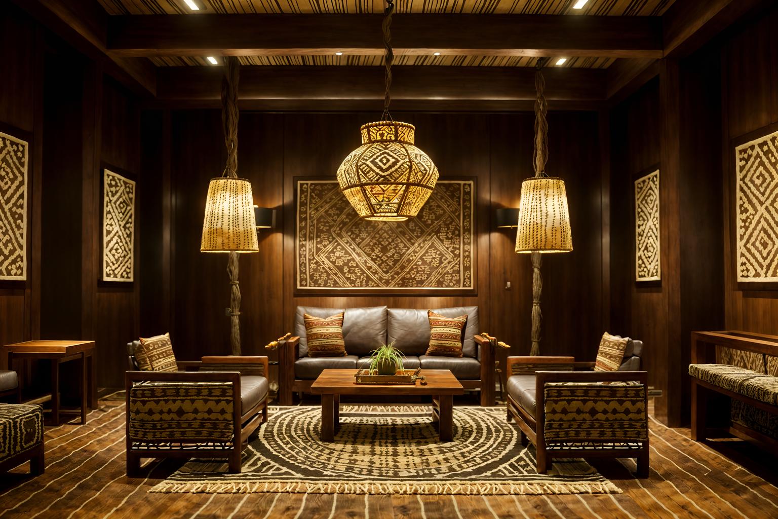 tribal-style (hotel lobby interior) with hanging lamps and sofas and check in desk and furniture and coffee tables and plant and rug and lounge chairs. . with sculptures and artworks and tribal patterns and intricate grass weaving and smooth worn timbers and desert colours and tribal revival and animal prints and planks of stone. . cinematic photo, highly detailed, cinematic lighting, ultra-detailed, ultrarealistic, photorealism, 8k. tribal interior design style. masterpiece, cinematic light, ultrarealistic+, photorealistic+, 8k, raw photo, realistic, sharp focus on eyes, (symmetrical eyes), (intact eyes), hyperrealistic, highest quality, best quality, , highly detailed, masterpiece, best quality, extremely detailed 8k wallpaper, masterpiece, best quality, ultra-detailed, best shadow, detailed background, detailed face, detailed eyes, high contrast, best illumination, detailed face, dulux, caustic, dynamic angle, detailed glow. dramatic lighting. highly detailed, insanely detailed hair, symmetrical, intricate details, professionally retouched, 8k high definition. strong bokeh. award winning photo.