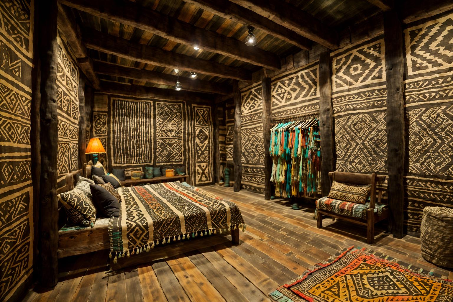 tribal-style (clothing store interior) . with tribal patterns and hand dyed batik fabrics and desert colours and intricate grass weaving and exuberant splashes of colour and animal prints and planks of stone and smooth worn timbers. . cinematic photo, highly detailed, cinematic lighting, ultra-detailed, ultrarealistic, photorealism, 8k. tribal interior design style. masterpiece, cinematic light, ultrarealistic+, photorealistic+, 8k, raw photo, realistic, sharp focus on eyes, (symmetrical eyes), (intact eyes), hyperrealistic, highest quality, best quality, , highly detailed, masterpiece, best quality, extremely detailed 8k wallpaper, masterpiece, best quality, ultra-detailed, best shadow, detailed background, detailed face, detailed eyes, high contrast, best illumination, detailed face, dulux, caustic, dynamic angle, detailed glow. dramatic lighting. highly detailed, insanely detailed hair, symmetrical, intricate details, professionally retouched, 8k high definition. strong bokeh. award winning photo.