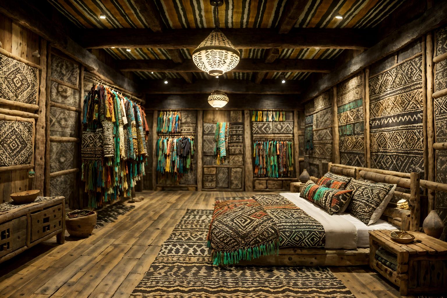 tribal-style (clothing store interior) . with tribal patterns and hand dyed batik fabrics and desert colours and intricate grass weaving and exuberant splashes of colour and animal prints and planks of stone and smooth worn timbers. . cinematic photo, highly detailed, cinematic lighting, ultra-detailed, ultrarealistic, photorealism, 8k. tribal interior design style. masterpiece, cinematic light, ultrarealistic+, photorealistic+, 8k, raw photo, realistic, sharp focus on eyes, (symmetrical eyes), (intact eyes), hyperrealistic, highest quality, best quality, , highly detailed, masterpiece, best quality, extremely detailed 8k wallpaper, masterpiece, best quality, ultra-detailed, best shadow, detailed background, detailed face, detailed eyes, high contrast, best illumination, detailed face, dulux, caustic, dynamic angle, detailed glow. dramatic lighting. highly detailed, insanely detailed hair, symmetrical, intricate details, professionally retouched, 8k high definition. strong bokeh. award winning photo.