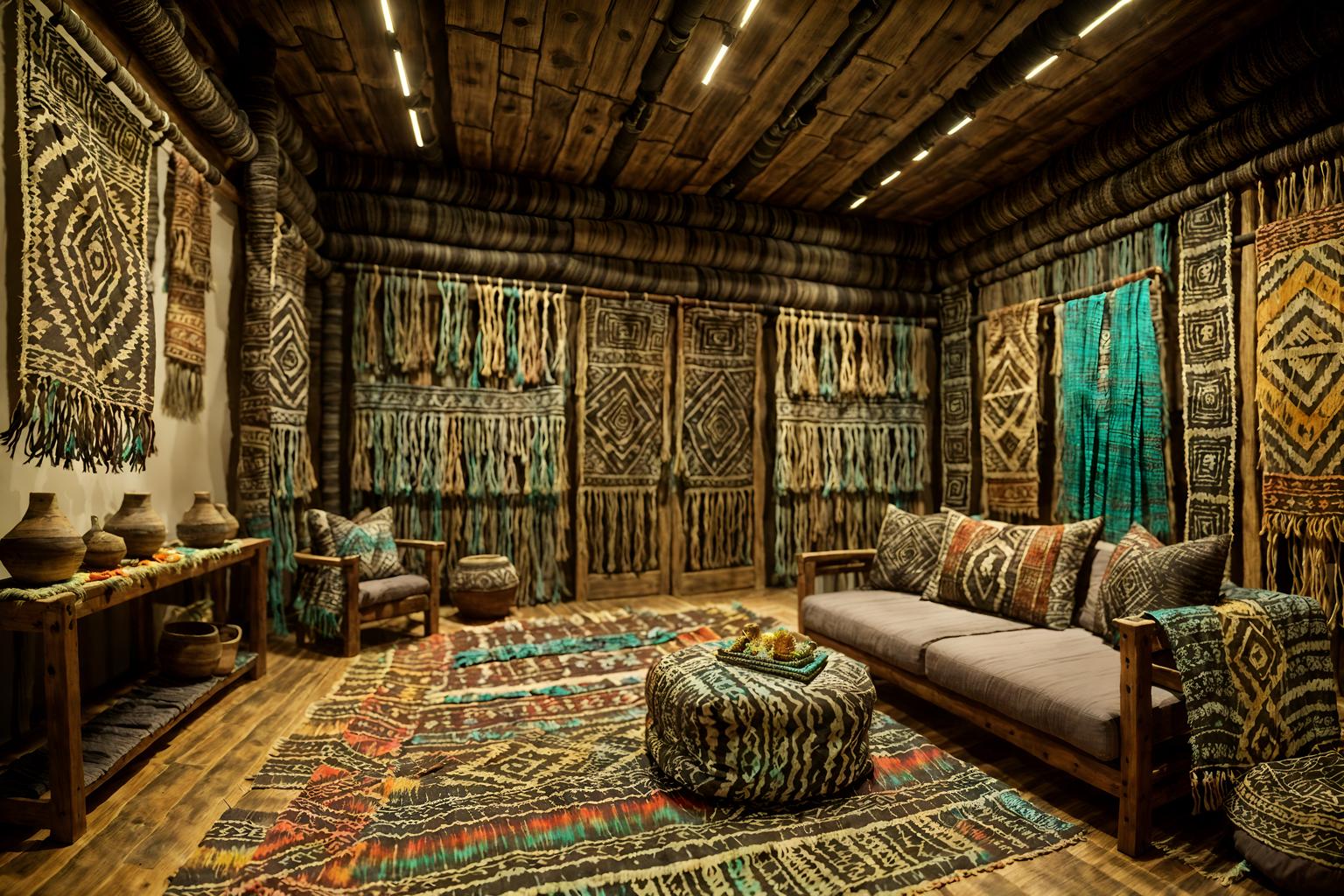 tribal-style (clothing store interior) . with tribal patterns and hand dyed batik fabrics and desert colours and intricate grass weaving and exuberant splashes of colour and animal prints and planks of stone and smooth worn timbers. . cinematic photo, highly detailed, cinematic lighting, ultra-detailed, ultrarealistic, photorealism, 8k. tribal interior design style. masterpiece, cinematic light, ultrarealistic+, photorealistic+, 8k, raw photo, realistic, sharp focus on eyes, (symmetrical eyes), (intact eyes), hyperrealistic, highest quality, best quality, , highly detailed, masterpiece, best quality, extremely detailed 8k wallpaper, masterpiece, best quality, ultra-detailed, best shadow, detailed background, detailed face, detailed eyes, high contrast, best illumination, detailed face, dulux, caustic, dynamic angle, detailed glow. dramatic lighting. highly detailed, insanely detailed hair, symmetrical, intricate details, professionally retouched, 8k high definition. strong bokeh. award winning photo.