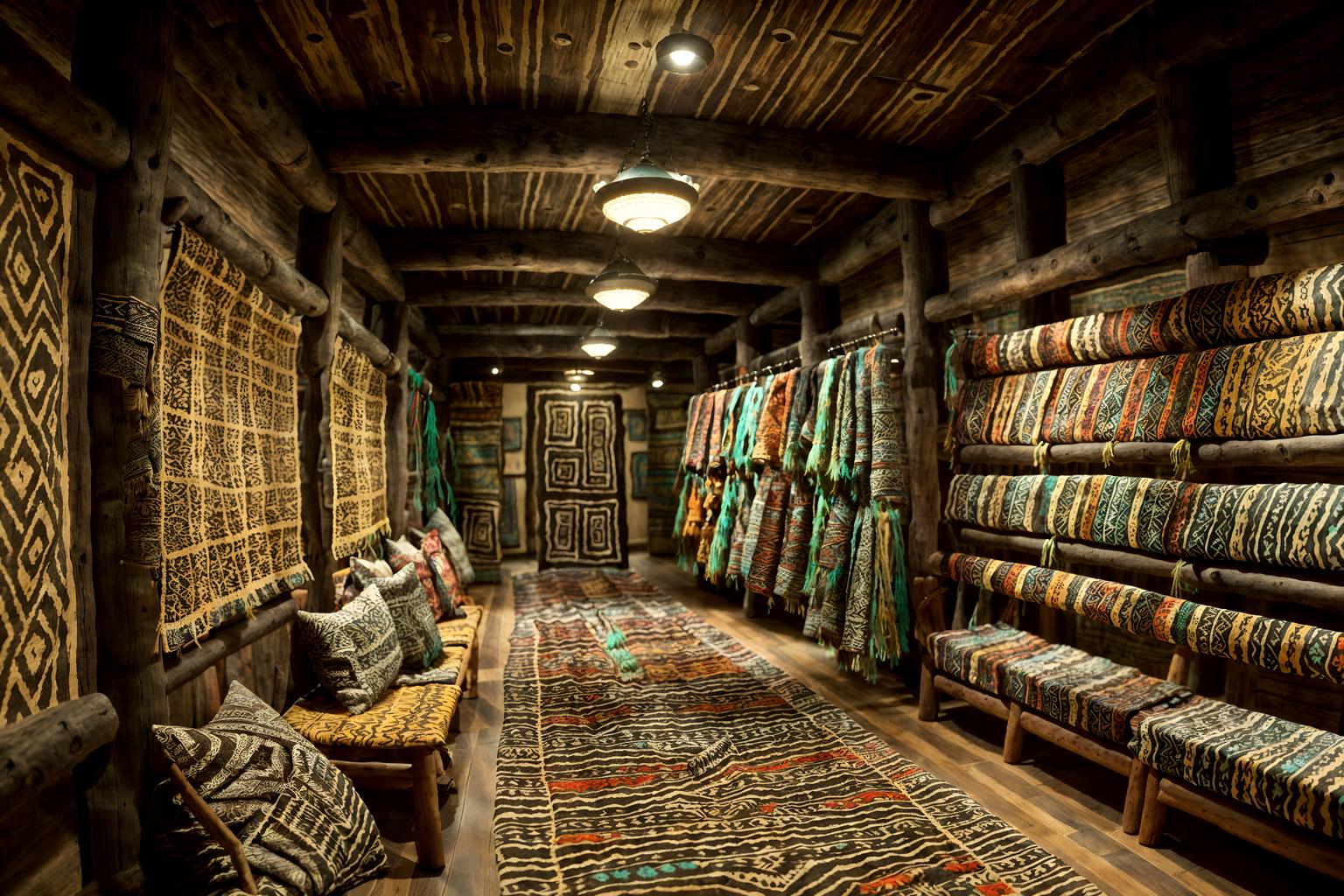 tribal-style (clothing store interior) . with tribal patterns and hand dyed batik fabrics and desert colours and intricate grass weaving and exuberant splashes of colour and animal prints and planks of stone and smooth worn timbers. . cinematic photo, highly detailed, cinematic lighting, ultra-detailed, ultrarealistic, photorealism, 8k. tribal interior design style. masterpiece, cinematic light, ultrarealistic+, photorealistic+, 8k, raw photo, realistic, sharp focus on eyes, (symmetrical eyes), (intact eyes), hyperrealistic, highest quality, best quality, , highly detailed, masterpiece, best quality, extremely detailed 8k wallpaper, masterpiece, best quality, ultra-detailed, best shadow, detailed background, detailed face, detailed eyes, high contrast, best illumination, detailed face, dulux, caustic, dynamic angle, detailed glow. dramatic lighting. highly detailed, insanely detailed hair, symmetrical, intricate details, professionally retouched, 8k high definition. strong bokeh. award winning photo.