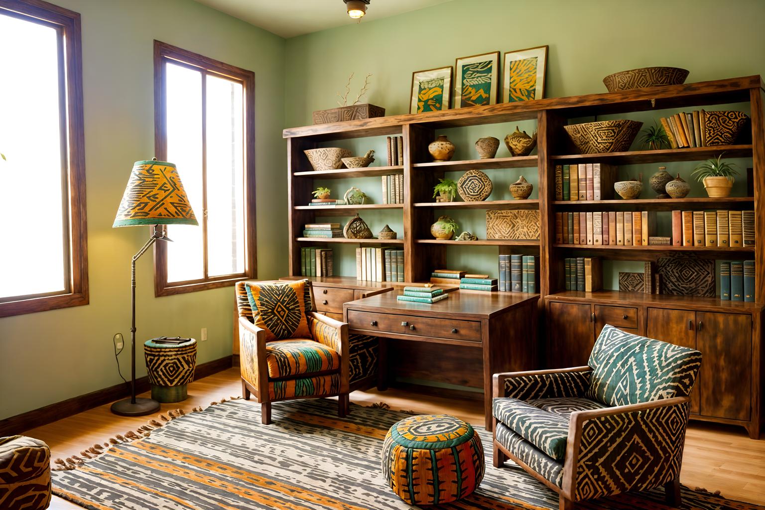 tribal-style (study room interior) with desk lamp and office chair and lounge chair and plant and cabinets and bookshelves and writing desk and desk lamp. . with desert colours and hand dyed batik fabrics and tribal revival and animal prints and animal furslinen and exuberant splashes of colour and smooth worn timbers and planks of stone. . cinematic photo, highly detailed, cinematic lighting, ultra-detailed, ultrarealistic, photorealism, 8k. tribal interior design style. masterpiece, cinematic light, ultrarealistic+, photorealistic+, 8k, raw photo, realistic, sharp focus on eyes, (symmetrical eyes), (intact eyes), hyperrealistic, highest quality, best quality, , highly detailed, masterpiece, best quality, extremely detailed 8k wallpaper, masterpiece, best quality, ultra-detailed, best shadow, detailed background, detailed face, detailed eyes, high contrast, best illumination, detailed face, dulux, caustic, dynamic angle, detailed glow. dramatic lighting. highly detailed, insanely detailed hair, symmetrical, intricate details, professionally retouched, 8k high definition. strong bokeh. award winning photo.