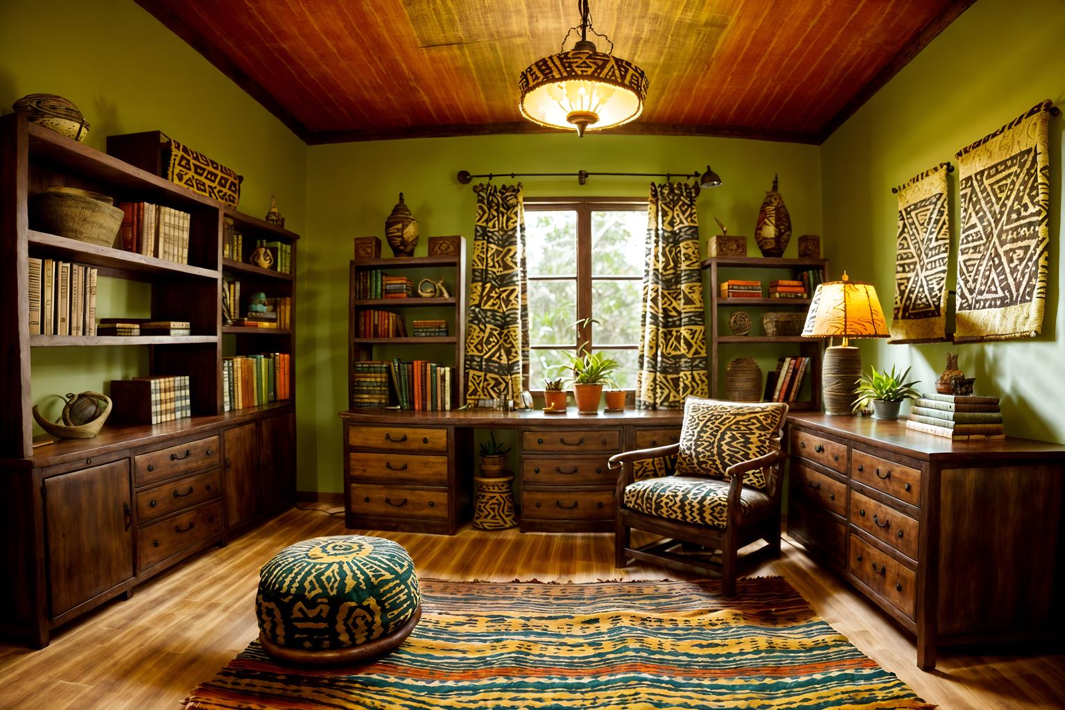 tribal-style (study room interior) with desk lamp and office chair and lounge chair and plant and cabinets and bookshelves and writing desk and desk lamp. . with desert colours and hand dyed batik fabrics and tribal revival and animal prints and animal furslinen and exuberant splashes of colour and smooth worn timbers and planks of stone. . cinematic photo, highly detailed, cinematic lighting, ultra-detailed, ultrarealistic, photorealism, 8k. tribal interior design style. masterpiece, cinematic light, ultrarealistic+, photorealistic+, 8k, raw photo, realistic, sharp focus on eyes, (symmetrical eyes), (intact eyes), hyperrealistic, highest quality, best quality, , highly detailed, masterpiece, best quality, extremely detailed 8k wallpaper, masterpiece, best quality, ultra-detailed, best shadow, detailed background, detailed face, detailed eyes, high contrast, best illumination, detailed face, dulux, caustic, dynamic angle, detailed glow. dramatic lighting. highly detailed, insanely detailed hair, symmetrical, intricate details, professionally retouched, 8k high definition. strong bokeh. award winning photo.