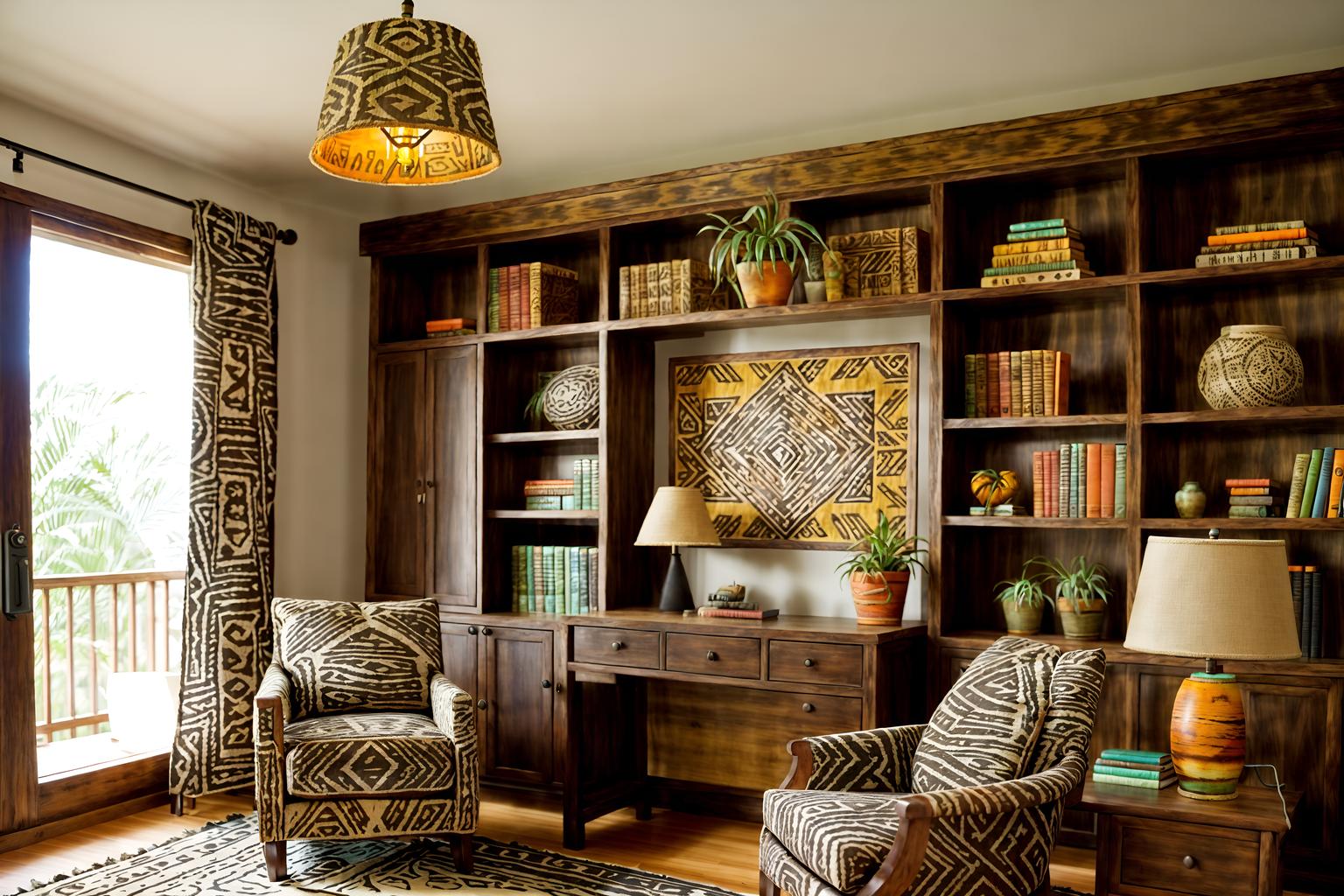 tribal-style (study room interior) with desk lamp and office chair and lounge chair and plant and cabinets and bookshelves and writing desk and desk lamp. . with desert colours and hand dyed batik fabrics and tribal revival and animal prints and animal furslinen and exuberant splashes of colour and smooth worn timbers and planks of stone. . cinematic photo, highly detailed, cinematic lighting, ultra-detailed, ultrarealistic, photorealism, 8k. tribal interior design style. masterpiece, cinematic light, ultrarealistic+, photorealistic+, 8k, raw photo, realistic, sharp focus on eyes, (symmetrical eyes), (intact eyes), hyperrealistic, highest quality, best quality, , highly detailed, masterpiece, best quality, extremely detailed 8k wallpaper, masterpiece, best quality, ultra-detailed, best shadow, detailed background, detailed face, detailed eyes, high contrast, best illumination, detailed face, dulux, caustic, dynamic angle, detailed glow. dramatic lighting. highly detailed, insanely detailed hair, symmetrical, intricate details, professionally retouched, 8k high definition. strong bokeh. award winning photo.