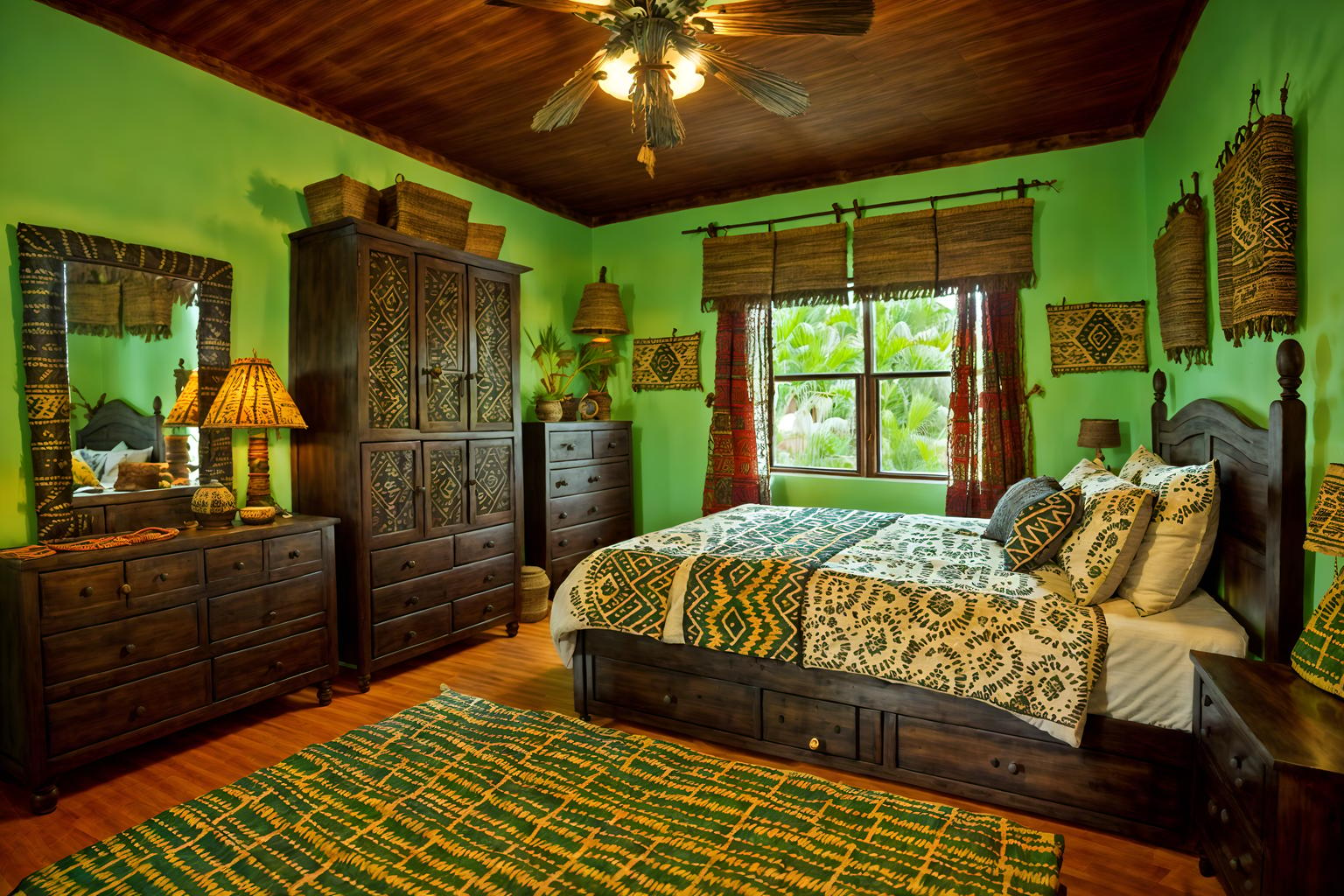 tribal-style (bedroom interior) with dresser closet and plant and night light and accent chair and headboard and bed and mirror and storage bench or ottoman. . with hand dyed batik fabrics and intricate grass weaving and exuberant splashes of colour and tribal patterns and animal prints and tribal revival and animal furslinen and planks of stone. . cinematic photo, highly detailed, cinematic lighting, ultra-detailed, ultrarealistic, photorealism, 8k. tribal interior design style. masterpiece, cinematic light, ultrarealistic+, photorealistic+, 8k, raw photo, realistic, sharp focus on eyes, (symmetrical eyes), (intact eyes), hyperrealistic, highest quality, best quality, , highly detailed, masterpiece, best quality, extremely detailed 8k wallpaper, masterpiece, best quality, ultra-detailed, best shadow, detailed background, detailed face, detailed eyes, high contrast, best illumination, detailed face, dulux, caustic, dynamic angle, detailed glow. dramatic lighting. highly detailed, insanely detailed hair, symmetrical, intricate details, professionally retouched, 8k high definition. strong bokeh. award winning photo.