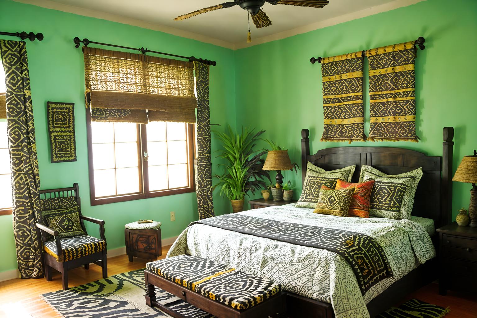 tribal-style (bedroom interior) with dresser closet and plant and night light and accent chair and headboard and bed and mirror and storage bench or ottoman. . with hand dyed batik fabrics and intricate grass weaving and exuberant splashes of colour and tribal patterns and animal prints and tribal revival and animal furslinen and planks of stone. . cinematic photo, highly detailed, cinematic lighting, ultra-detailed, ultrarealistic, photorealism, 8k. tribal interior design style. masterpiece, cinematic light, ultrarealistic+, photorealistic+, 8k, raw photo, realistic, sharp focus on eyes, (symmetrical eyes), (intact eyes), hyperrealistic, highest quality, best quality, , highly detailed, masterpiece, best quality, extremely detailed 8k wallpaper, masterpiece, best quality, ultra-detailed, best shadow, detailed background, detailed face, detailed eyes, high contrast, best illumination, detailed face, dulux, caustic, dynamic angle, detailed glow. dramatic lighting. highly detailed, insanely detailed hair, symmetrical, intricate details, professionally retouched, 8k high definition. strong bokeh. award winning photo.