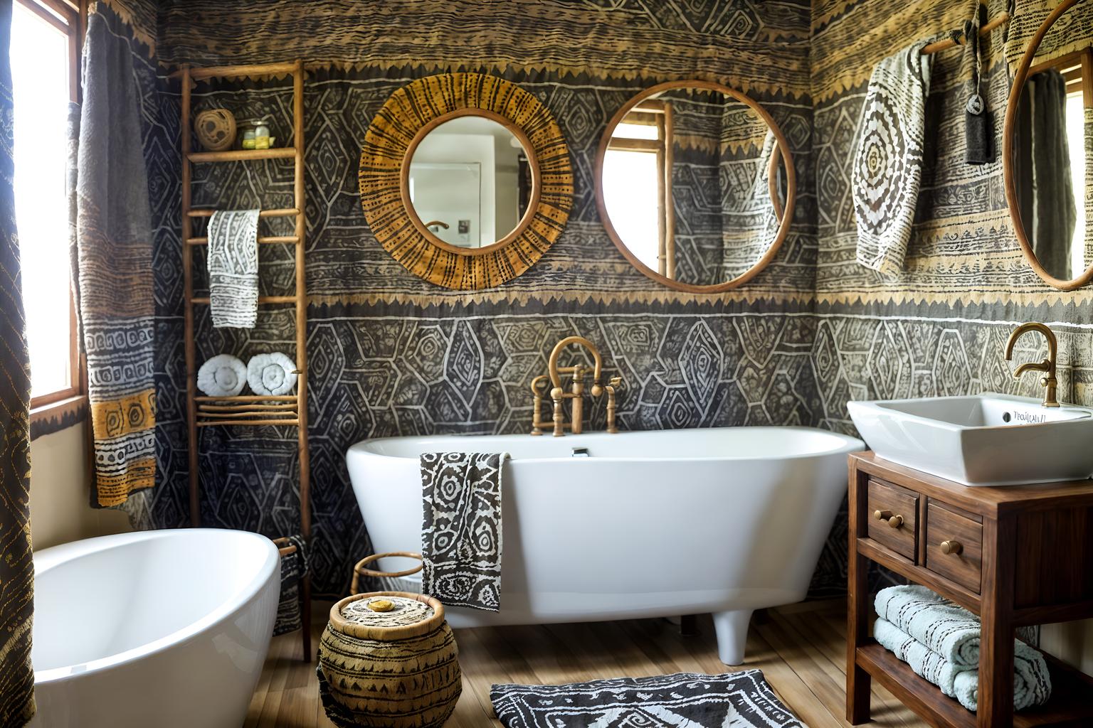 tribal-style (bathroom interior) with plant and bathroom cabinet and mirror and bath towel and toilet seat and bathroom sink with faucet and waste basket and bathtub. . with animal prints and planks of stone and tribal patterns and desert colours and animal furslinen and sculptures and artworks and exuberant splashes of colour and hand dyed batik fabrics. . cinematic photo, highly detailed, cinematic lighting, ultra-detailed, ultrarealistic, photorealism, 8k. tribal interior design style. masterpiece, cinematic light, ultrarealistic+, photorealistic+, 8k, raw photo, realistic, sharp focus on eyes, (symmetrical eyes), (intact eyes), hyperrealistic, highest quality, best quality, , highly detailed, masterpiece, best quality, extremely detailed 8k wallpaper, masterpiece, best quality, ultra-detailed, best shadow, detailed background, detailed face, detailed eyes, high contrast, best illumination, detailed face, dulux, caustic, dynamic angle, detailed glow. dramatic lighting. highly detailed, insanely detailed hair, symmetrical, intricate details, professionally retouched, 8k high definition. strong bokeh. award winning photo.