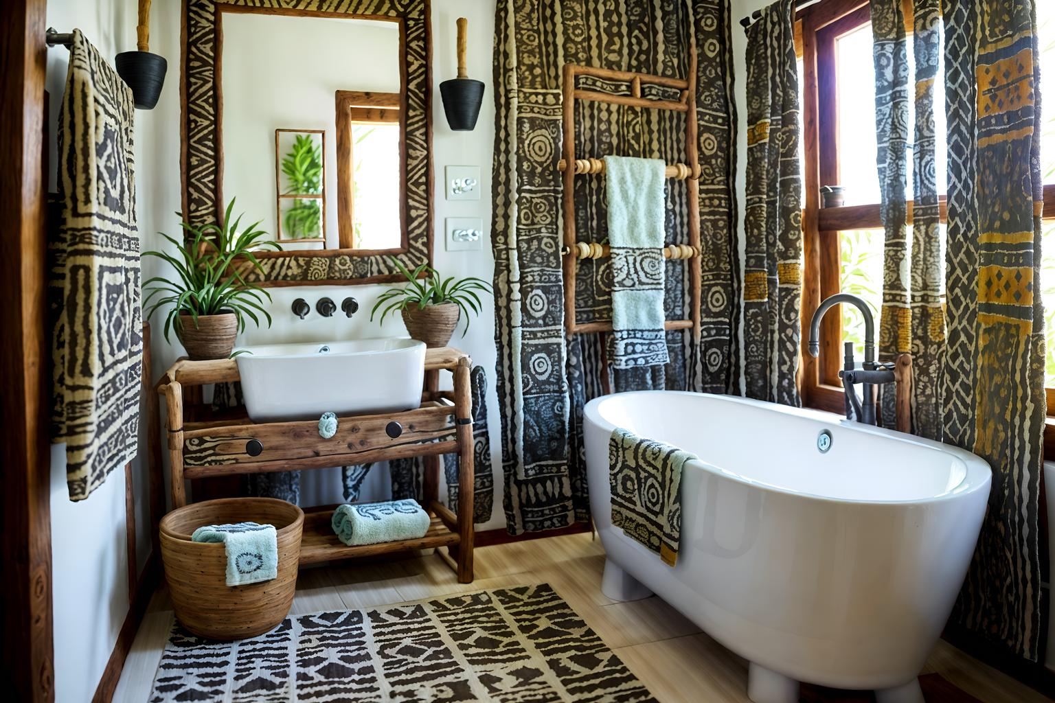 tribal-style (bathroom interior) with plant and bathroom cabinet and mirror and bath towel and toilet seat and bathroom sink with faucet and waste basket and bathtub. . with animal prints and planks of stone and tribal patterns and desert colours and animal furslinen and sculptures and artworks and exuberant splashes of colour and hand dyed batik fabrics. . cinematic photo, highly detailed, cinematic lighting, ultra-detailed, ultrarealistic, photorealism, 8k. tribal interior design style. masterpiece, cinematic light, ultrarealistic+, photorealistic+, 8k, raw photo, realistic, sharp focus on eyes, (symmetrical eyes), (intact eyes), hyperrealistic, highest quality, best quality, , highly detailed, masterpiece, best quality, extremely detailed 8k wallpaper, masterpiece, best quality, ultra-detailed, best shadow, detailed background, detailed face, detailed eyes, high contrast, best illumination, detailed face, dulux, caustic, dynamic angle, detailed glow. dramatic lighting. highly detailed, insanely detailed hair, symmetrical, intricate details, professionally retouched, 8k high definition. strong bokeh. award winning photo.