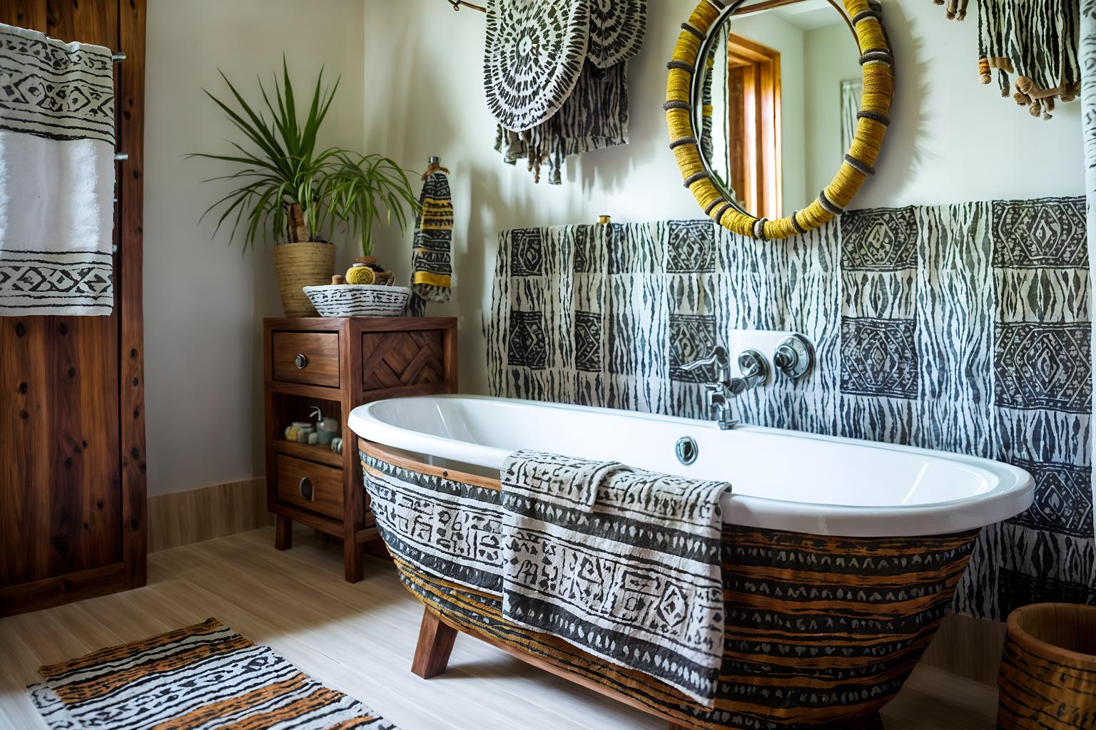 tribal-style (bathroom interior) with plant and bathroom cabinet and mirror and bath towel and toilet seat and bathroom sink with faucet and waste basket and bathtub. . with animal prints and planks of stone and tribal patterns and desert colours and animal furslinen and sculptures and artworks and exuberant splashes of colour and hand dyed batik fabrics. . cinematic photo, highly detailed, cinematic lighting, ultra-detailed, ultrarealistic, photorealism, 8k. tribal interior design style. masterpiece, cinematic light, ultrarealistic+, photorealistic+, 8k, raw photo, realistic, sharp focus on eyes, (symmetrical eyes), (intact eyes), hyperrealistic, highest quality, best quality, , highly detailed, masterpiece, best quality, extremely detailed 8k wallpaper, masterpiece, best quality, ultra-detailed, best shadow, detailed background, detailed face, detailed eyes, high contrast, best illumination, detailed face, dulux, caustic, dynamic angle, detailed glow. dramatic lighting. highly detailed, insanely detailed hair, symmetrical, intricate details, professionally retouched, 8k high definition. strong bokeh. award winning photo.