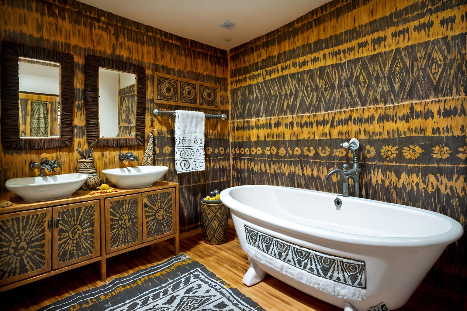 tribal-style (bathroom interior) with plant and bathroom cabinet and mirror and bath towel and toilet seat and bathroom sink with faucet and waste basket and bathtub. . with animal prints and planks of stone and tribal patterns and desert colours and animal furslinen and sculptures and artworks and exuberant splashes of colour and hand dyed batik fabrics. . cinematic photo, highly detailed, cinematic lighting, ultra-detailed, ultrarealistic, photorealism, 8k. tribal interior design style. masterpiece, cinematic light, ultrarealistic+, photorealistic+, 8k, raw photo, realistic, sharp focus on eyes, (symmetrical eyes), (intact eyes), hyperrealistic, highest quality, best quality, , highly detailed, masterpiece, best quality, extremely detailed 8k wallpaper, masterpiece, best quality, ultra-detailed, best shadow, detailed background, detailed face, detailed eyes, high contrast, best illumination, detailed face, dulux, caustic, dynamic angle, detailed glow. dramatic lighting. highly detailed, insanely detailed hair, symmetrical, intricate details, professionally retouched, 8k high definition. strong bokeh. award winning photo.