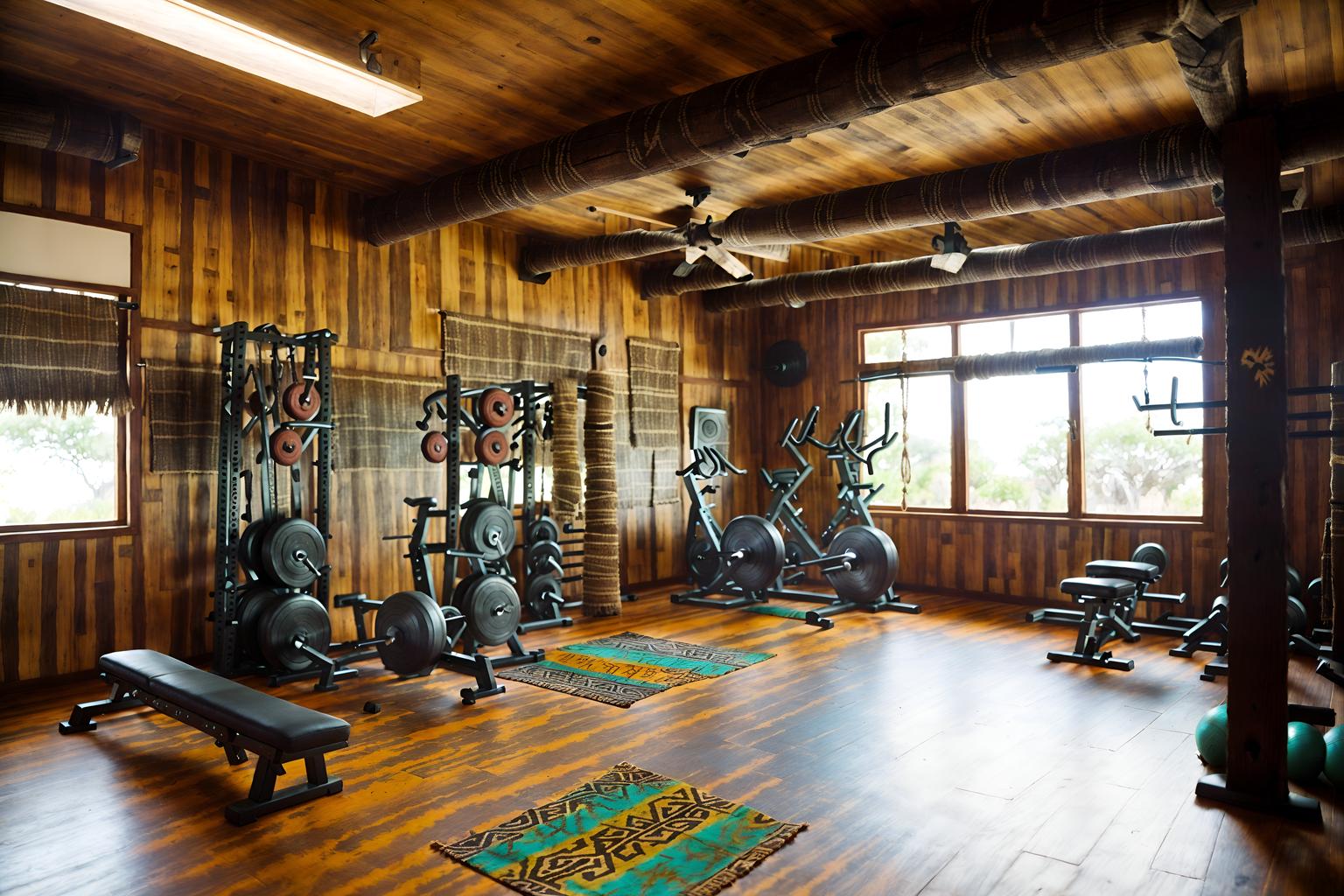 tribal-style (fitness gym interior) with dumbbell stand and exercise bicycle and bench press and crosstrainer and squat rack and dumbbell stand. . with tribal revival and hand dyed batik fabrics and smooth worn timbers and desert colours and exuberant splashes of colour and planks of stone and tribal patterns and animal furslinen. . cinematic photo, highly detailed, cinematic lighting, ultra-detailed, ultrarealistic, photorealism, 8k. tribal interior design style. masterpiece, cinematic light, ultrarealistic+, photorealistic+, 8k, raw photo, realistic, sharp focus on eyes, (symmetrical eyes), (intact eyes), hyperrealistic, highest quality, best quality, , highly detailed, masterpiece, best quality, extremely detailed 8k wallpaper, masterpiece, best quality, ultra-detailed, best shadow, detailed background, detailed face, detailed eyes, high contrast, best illumination, detailed face, dulux, caustic, dynamic angle, detailed glow. dramatic lighting. highly detailed, insanely detailed hair, symmetrical, intricate details, professionally retouched, 8k high definition. strong bokeh. award winning photo.