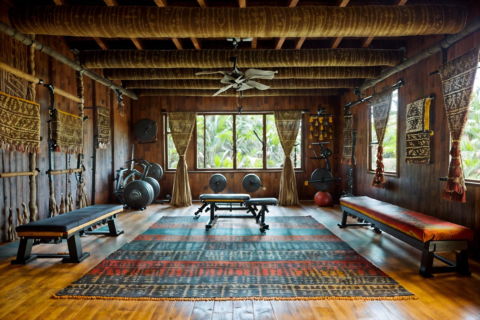 tribal-style (fitness gym interior) with dumbbell stand and exercise bicycle and bench press and crosstrainer and squat rack and dumbbell stand. . with tribal revival and hand dyed batik fabrics and smooth worn timbers and desert colours and exuberant splashes of colour and planks of stone and tribal patterns and animal furslinen. . cinematic photo, highly detailed, cinematic lighting, ultra-detailed, ultrarealistic, photorealism, 8k. tribal interior design style. masterpiece, cinematic light, ultrarealistic+, photorealistic+, 8k, raw photo, realistic, sharp focus on eyes, (symmetrical eyes), (intact eyes), hyperrealistic, highest quality, best quality, , highly detailed, masterpiece, best quality, extremely detailed 8k wallpaper, masterpiece, best quality, ultra-detailed, best shadow, detailed background, detailed face, detailed eyes, high contrast, best illumination, detailed face, dulux, caustic, dynamic angle, detailed glow. dramatic lighting. highly detailed, insanely detailed hair, symmetrical, intricate details, professionally retouched, 8k high definition. strong bokeh. award winning photo.