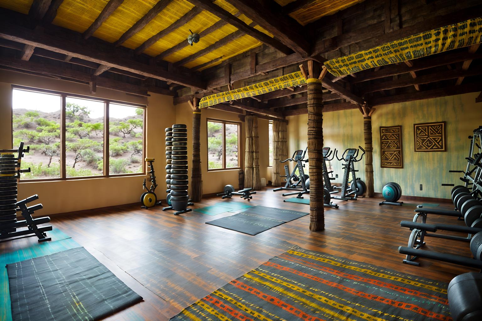 tribal-style (fitness gym interior) with dumbbell stand and exercise bicycle and bench press and crosstrainer and squat rack and dumbbell stand. . with tribal revival and hand dyed batik fabrics and smooth worn timbers and desert colours and exuberant splashes of colour and planks of stone and tribal patterns and animal furslinen. . cinematic photo, highly detailed, cinematic lighting, ultra-detailed, ultrarealistic, photorealism, 8k. tribal interior design style. masterpiece, cinematic light, ultrarealistic+, photorealistic+, 8k, raw photo, realistic, sharp focus on eyes, (symmetrical eyes), (intact eyes), hyperrealistic, highest quality, best quality, , highly detailed, masterpiece, best quality, extremely detailed 8k wallpaper, masterpiece, best quality, ultra-detailed, best shadow, detailed background, detailed face, detailed eyes, high contrast, best illumination, detailed face, dulux, caustic, dynamic angle, detailed glow. dramatic lighting. highly detailed, insanely detailed hair, symmetrical, intricate details, professionally retouched, 8k high definition. strong bokeh. award winning photo.