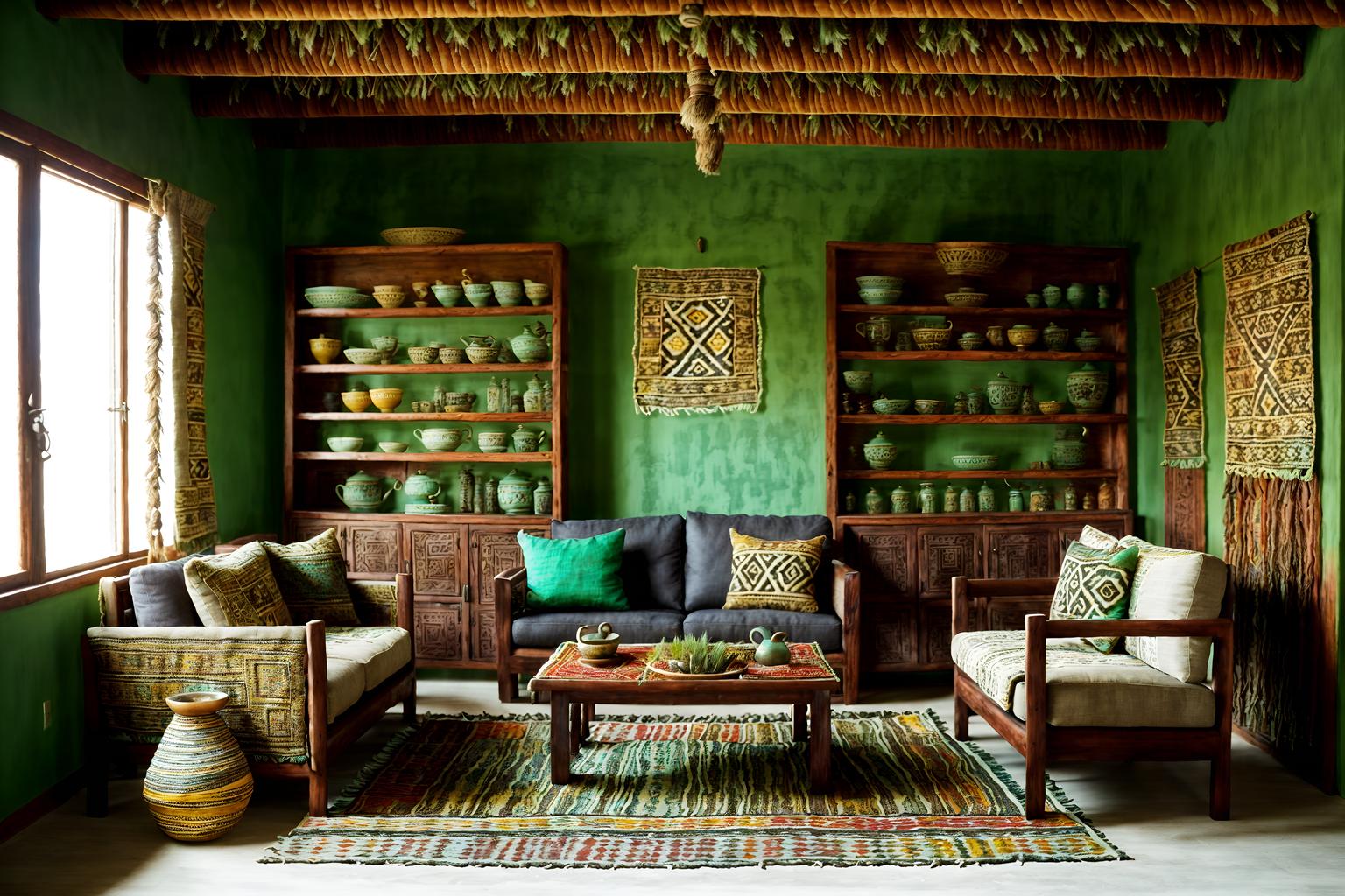 tribal-style (kitchen living combo interior) with sofa and coffee tables and bookshelves and rug and chairs and kitchen cabinets and sink and plant. . with tribal revival and sculptures and artworks and hand dyed batik fabrics and smooth worn timbers and desert colours and animal furslinen and exuberant splashes of colour and intricate grass weaving. . cinematic photo, highly detailed, cinematic lighting, ultra-detailed, ultrarealistic, photorealism, 8k. tribal interior design style. masterpiece, cinematic light, ultrarealistic+, photorealistic+, 8k, raw photo, realistic, sharp focus on eyes, (symmetrical eyes), (intact eyes), hyperrealistic, highest quality, best quality, , highly detailed, masterpiece, best quality, extremely detailed 8k wallpaper, masterpiece, best quality, ultra-detailed, best shadow, detailed background, detailed face, detailed eyes, high contrast, best illumination, detailed face, dulux, caustic, dynamic angle, detailed glow. dramatic lighting. highly detailed, insanely detailed hair, symmetrical, intricate details, professionally retouched, 8k high definition. strong bokeh. award winning photo.