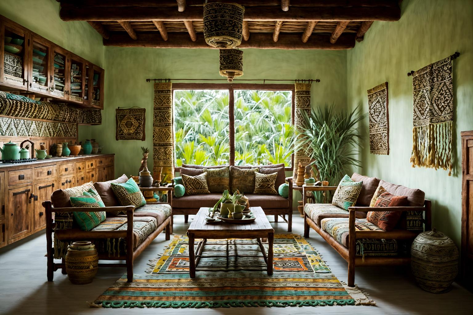 tribal-style (kitchen living combo interior) with sofa and coffee tables and bookshelves and rug and chairs and kitchen cabinets and sink and plant. . with tribal revival and sculptures and artworks and hand dyed batik fabrics and smooth worn timbers and desert colours and animal furslinen and exuberant splashes of colour and intricate grass weaving. . cinematic photo, highly detailed, cinematic lighting, ultra-detailed, ultrarealistic, photorealism, 8k. tribal interior design style. masterpiece, cinematic light, ultrarealistic+, photorealistic+, 8k, raw photo, realistic, sharp focus on eyes, (symmetrical eyes), (intact eyes), hyperrealistic, highest quality, best quality, , highly detailed, masterpiece, best quality, extremely detailed 8k wallpaper, masterpiece, best quality, ultra-detailed, best shadow, detailed background, detailed face, detailed eyes, high contrast, best illumination, detailed face, dulux, caustic, dynamic angle, detailed glow. dramatic lighting. highly detailed, insanely detailed hair, symmetrical, intricate details, professionally retouched, 8k high definition. strong bokeh. award winning photo.