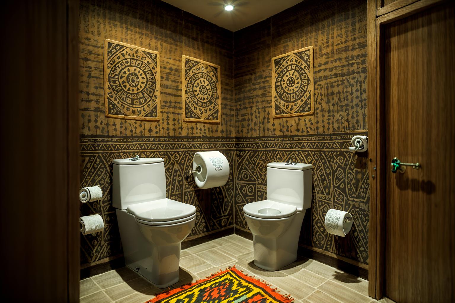 tribal-style (toilet interior) with sink with tap and toilet with toilet seat up and toilet paper hanger and sink with tap. . with exuberant splashes of colour and desert colours and animal prints and intricate grass weaving and tribal revival and animal furslinen and tribal patterns and sculptures and artworks. . cinematic photo, highly detailed, cinematic lighting, ultra-detailed, ultrarealistic, photorealism, 8k. tribal interior design style. masterpiece, cinematic light, ultrarealistic+, photorealistic+, 8k, raw photo, realistic, sharp focus on eyes, (symmetrical eyes), (intact eyes), hyperrealistic, highest quality, best quality, , highly detailed, masterpiece, best quality, extremely detailed 8k wallpaper, masterpiece, best quality, ultra-detailed, best shadow, detailed background, detailed face, detailed eyes, high contrast, best illumination, detailed face, dulux, caustic, dynamic angle, detailed glow. dramatic lighting. highly detailed, insanely detailed hair, symmetrical, intricate details, professionally retouched, 8k high definition. strong bokeh. award winning photo.