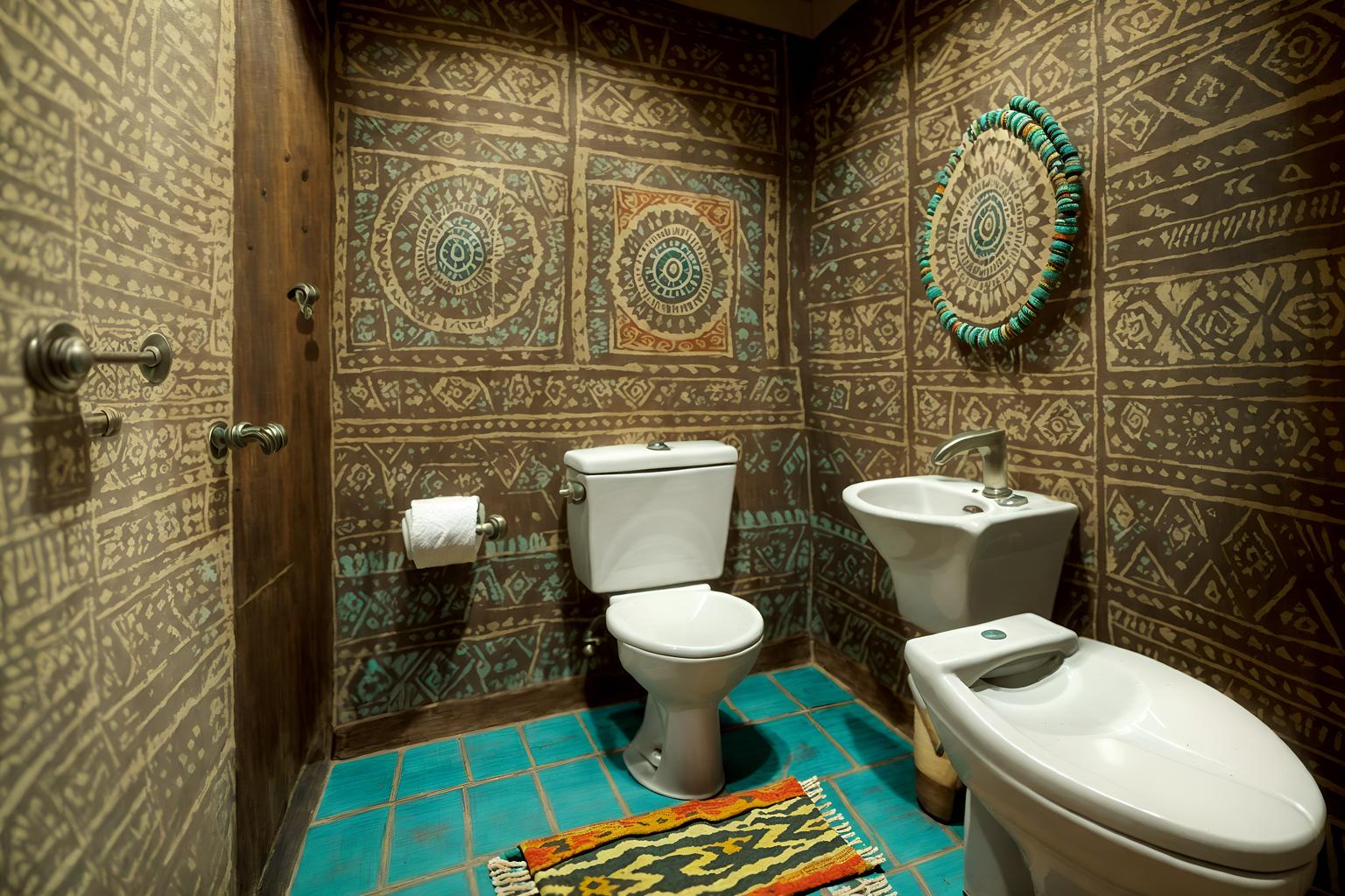 tribal-style (toilet interior) with sink with tap and toilet with toilet seat up and toilet paper hanger and sink with tap. . with exuberant splashes of colour and desert colours and animal prints and intricate grass weaving and tribal revival and animal furslinen and tribal patterns and sculptures and artworks. . cinematic photo, highly detailed, cinematic lighting, ultra-detailed, ultrarealistic, photorealism, 8k. tribal interior design style. masterpiece, cinematic light, ultrarealistic+, photorealistic+, 8k, raw photo, realistic, sharp focus on eyes, (symmetrical eyes), (intact eyes), hyperrealistic, highest quality, best quality, , highly detailed, masterpiece, best quality, extremely detailed 8k wallpaper, masterpiece, best quality, ultra-detailed, best shadow, detailed background, detailed face, detailed eyes, high contrast, best illumination, detailed face, dulux, caustic, dynamic angle, detailed glow. dramatic lighting. highly detailed, insanely detailed hair, symmetrical, intricate details, professionally retouched, 8k high definition. strong bokeh. award winning photo.