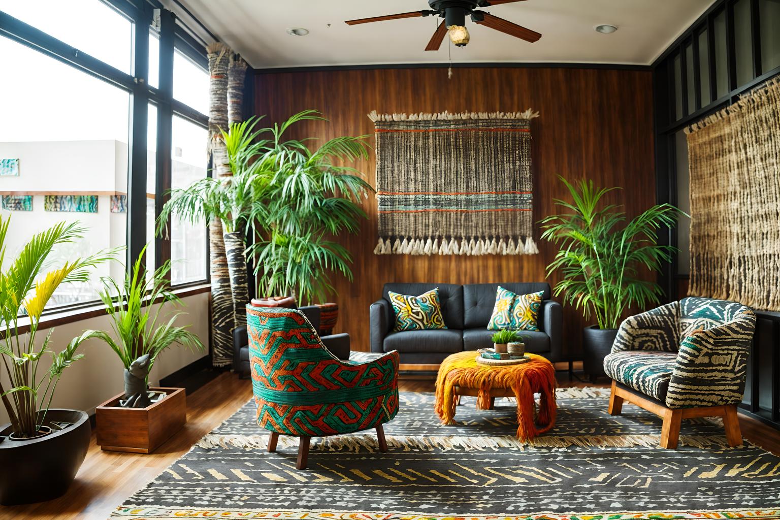 tribal-style (coworking space interior) with office chairs and seating area with sofa and office desks and lounge chairs and office chairs. . with exuberant splashes of colour and animal furslinen and sculptures and artworks and hand dyed batik fabrics and animal prints and tribal patterns and intricate grass weaving and planks of stone. . cinematic photo, highly detailed, cinematic lighting, ultra-detailed, ultrarealistic, photorealism, 8k. tribal interior design style. masterpiece, cinematic light, ultrarealistic+, photorealistic+, 8k, raw photo, realistic, sharp focus on eyes, (symmetrical eyes), (intact eyes), hyperrealistic, highest quality, best quality, , highly detailed, masterpiece, best quality, extremely detailed 8k wallpaper, masterpiece, best quality, ultra-detailed, best shadow, detailed background, detailed face, detailed eyes, high contrast, best illumination, detailed face, dulux, caustic, dynamic angle, detailed glow. dramatic lighting. highly detailed, insanely detailed hair, symmetrical, intricate details, professionally retouched, 8k high definition. strong bokeh. award winning photo.