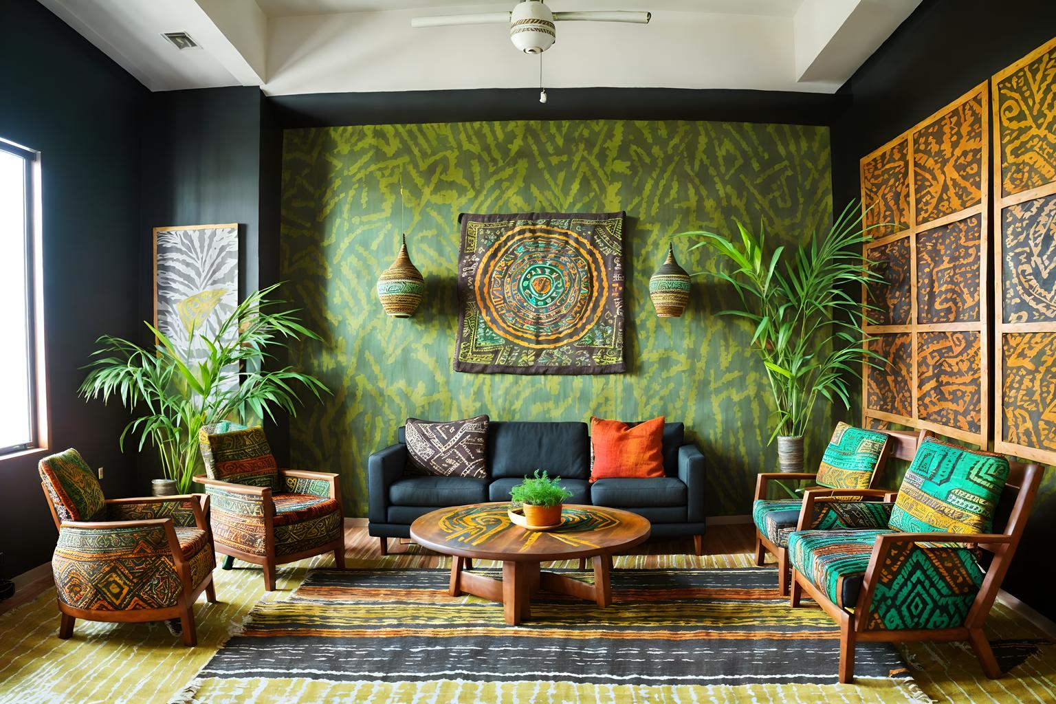 tribal-style (coworking space interior) with office chairs and seating area with sofa and office desks and lounge chairs and office chairs. . with exuberant splashes of colour and animal furslinen and sculptures and artworks and hand dyed batik fabrics and animal prints and tribal patterns and intricate grass weaving and planks of stone. . cinematic photo, highly detailed, cinematic lighting, ultra-detailed, ultrarealistic, photorealism, 8k. tribal interior design style. masterpiece, cinematic light, ultrarealistic+, photorealistic+, 8k, raw photo, realistic, sharp focus on eyes, (symmetrical eyes), (intact eyes), hyperrealistic, highest quality, best quality, , highly detailed, masterpiece, best quality, extremely detailed 8k wallpaper, masterpiece, best quality, ultra-detailed, best shadow, detailed background, detailed face, detailed eyes, high contrast, best illumination, detailed face, dulux, caustic, dynamic angle, detailed glow. dramatic lighting. highly detailed, insanely detailed hair, symmetrical, intricate details, professionally retouched, 8k high definition. strong bokeh. award winning photo.