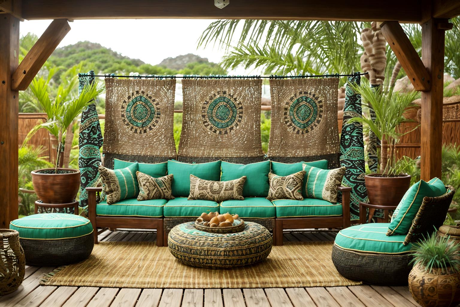 tribal-style designed (outdoor patio ) with patio couch with pillows and plant and deck with deck chairs and barbeque or grill and grass and patio couch with pillows. . with tribal patterns and hand dyed batik fabrics and tribal revival and animal furslinen and intricate grass weaving and desert colours and sculptures and artworks and animal prints. . cinematic photo, highly detailed, cinematic lighting, ultra-detailed, ultrarealistic, photorealism, 8k. tribal design style. masterpiece, cinematic light, ultrarealistic+, photorealistic+, 8k, raw photo, realistic, sharp focus on eyes, (symmetrical eyes), (intact eyes), hyperrealistic, highest quality, best quality, , highly detailed, masterpiece, best quality, extremely detailed 8k wallpaper, masterpiece, best quality, ultra-detailed, best shadow, detailed background, detailed face, detailed eyes, high contrast, best illumination, detailed face, dulux, caustic, dynamic angle, detailed glow. dramatic lighting. highly detailed, insanely detailed hair, symmetrical, intricate details, professionally retouched, 8k high definition. strong bokeh. award winning photo.