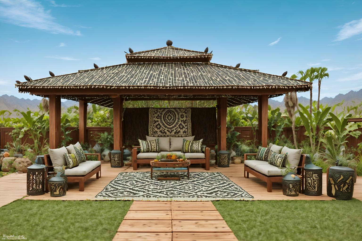 tribal-style designed (outdoor patio ) with patio couch with pillows and plant and deck with deck chairs and barbeque or grill and grass and patio couch with pillows. . with tribal patterns and hand dyed batik fabrics and tribal revival and animal furslinen and intricate grass weaving and desert colours and sculptures and artworks and animal prints. . cinematic photo, highly detailed, cinematic lighting, ultra-detailed, ultrarealistic, photorealism, 8k. tribal design style. masterpiece, cinematic light, ultrarealistic+, photorealistic+, 8k, raw photo, realistic, sharp focus on eyes, (symmetrical eyes), (intact eyes), hyperrealistic, highest quality, best quality, , highly detailed, masterpiece, best quality, extremely detailed 8k wallpaper, masterpiece, best quality, ultra-detailed, best shadow, detailed background, detailed face, detailed eyes, high contrast, best illumination, detailed face, dulux, caustic, dynamic angle, detailed glow. dramatic lighting. highly detailed, insanely detailed hair, symmetrical, intricate details, professionally retouched, 8k high definition. strong bokeh. award winning photo.