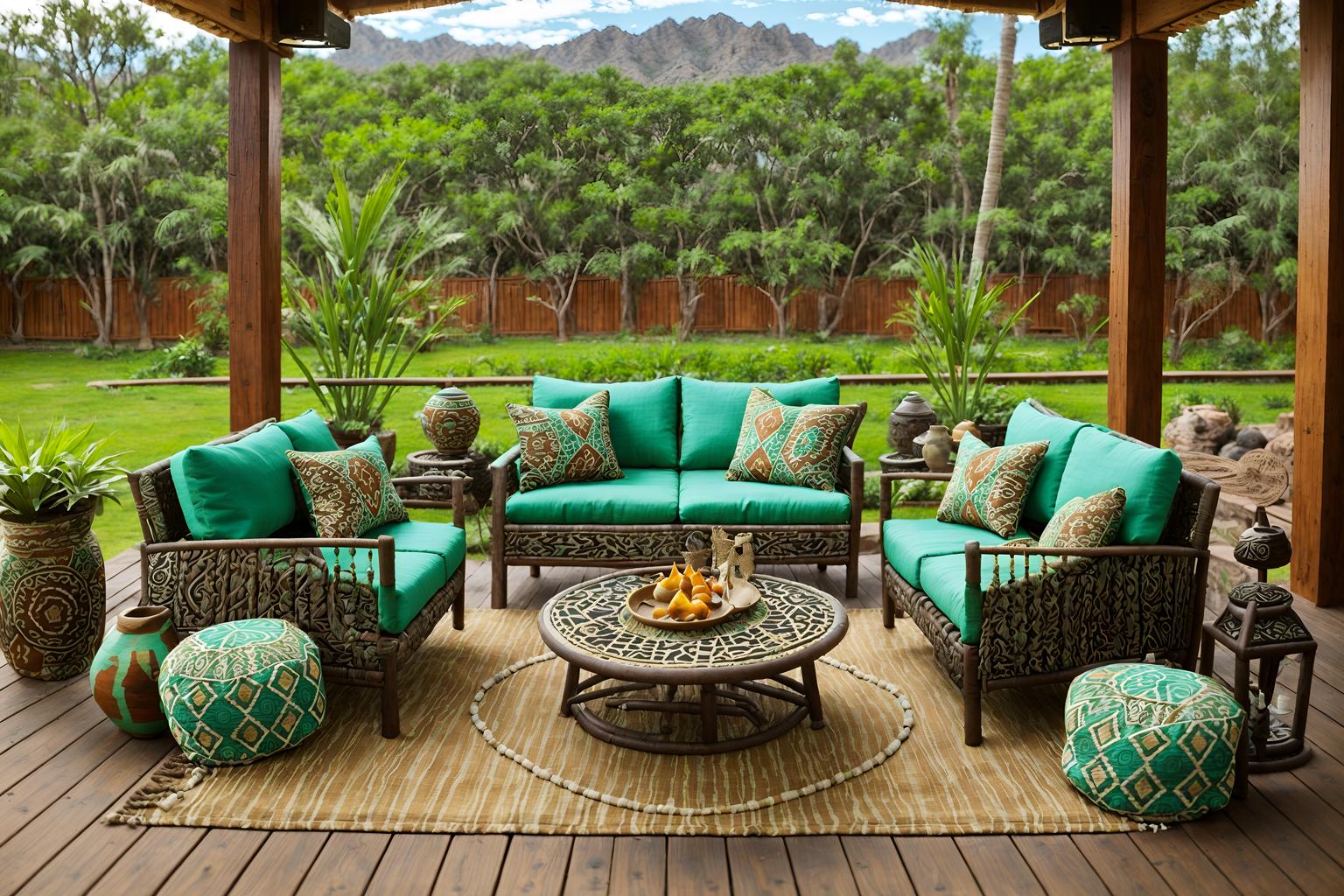 tribal-style designed (outdoor patio ) with patio couch with pillows and plant and deck with deck chairs and barbeque or grill and grass and patio couch with pillows. . with tribal patterns and hand dyed batik fabrics and tribal revival and animal furslinen and intricate grass weaving and desert colours and sculptures and artworks and animal prints. . cinematic photo, highly detailed, cinematic lighting, ultra-detailed, ultrarealistic, photorealism, 8k. tribal design style. masterpiece, cinematic light, ultrarealistic+, photorealistic+, 8k, raw photo, realistic, sharp focus on eyes, (symmetrical eyes), (intact eyes), hyperrealistic, highest quality, best quality, , highly detailed, masterpiece, best quality, extremely detailed 8k wallpaper, masterpiece, best quality, ultra-detailed, best shadow, detailed background, detailed face, detailed eyes, high contrast, best illumination, detailed face, dulux, caustic, dynamic angle, detailed glow. dramatic lighting. highly detailed, insanely detailed hair, symmetrical, intricate details, professionally retouched, 8k high definition. strong bokeh. award winning photo.