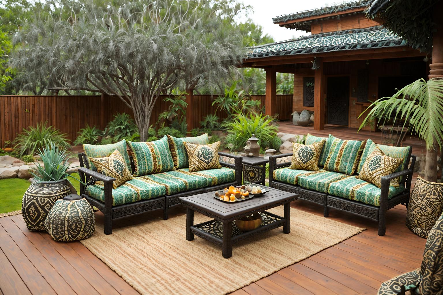 tribal-style designed (outdoor patio ) with patio couch with pillows and plant and deck with deck chairs and barbeque or grill and grass and patio couch with pillows. . with tribal patterns and hand dyed batik fabrics and tribal revival and animal furslinen and intricate grass weaving and desert colours and sculptures and artworks and animal prints. . cinematic photo, highly detailed, cinematic lighting, ultra-detailed, ultrarealistic, photorealism, 8k. tribal design style. masterpiece, cinematic light, ultrarealistic+, photorealistic+, 8k, raw photo, realistic, sharp focus on eyes, (symmetrical eyes), (intact eyes), hyperrealistic, highest quality, best quality, , highly detailed, masterpiece, best quality, extremely detailed 8k wallpaper, masterpiece, best quality, ultra-detailed, best shadow, detailed background, detailed face, detailed eyes, high contrast, best illumination, detailed face, dulux, caustic, dynamic angle, detailed glow. dramatic lighting. highly detailed, insanely detailed hair, symmetrical, intricate details, professionally retouched, 8k high definition. strong bokeh. award winning photo.