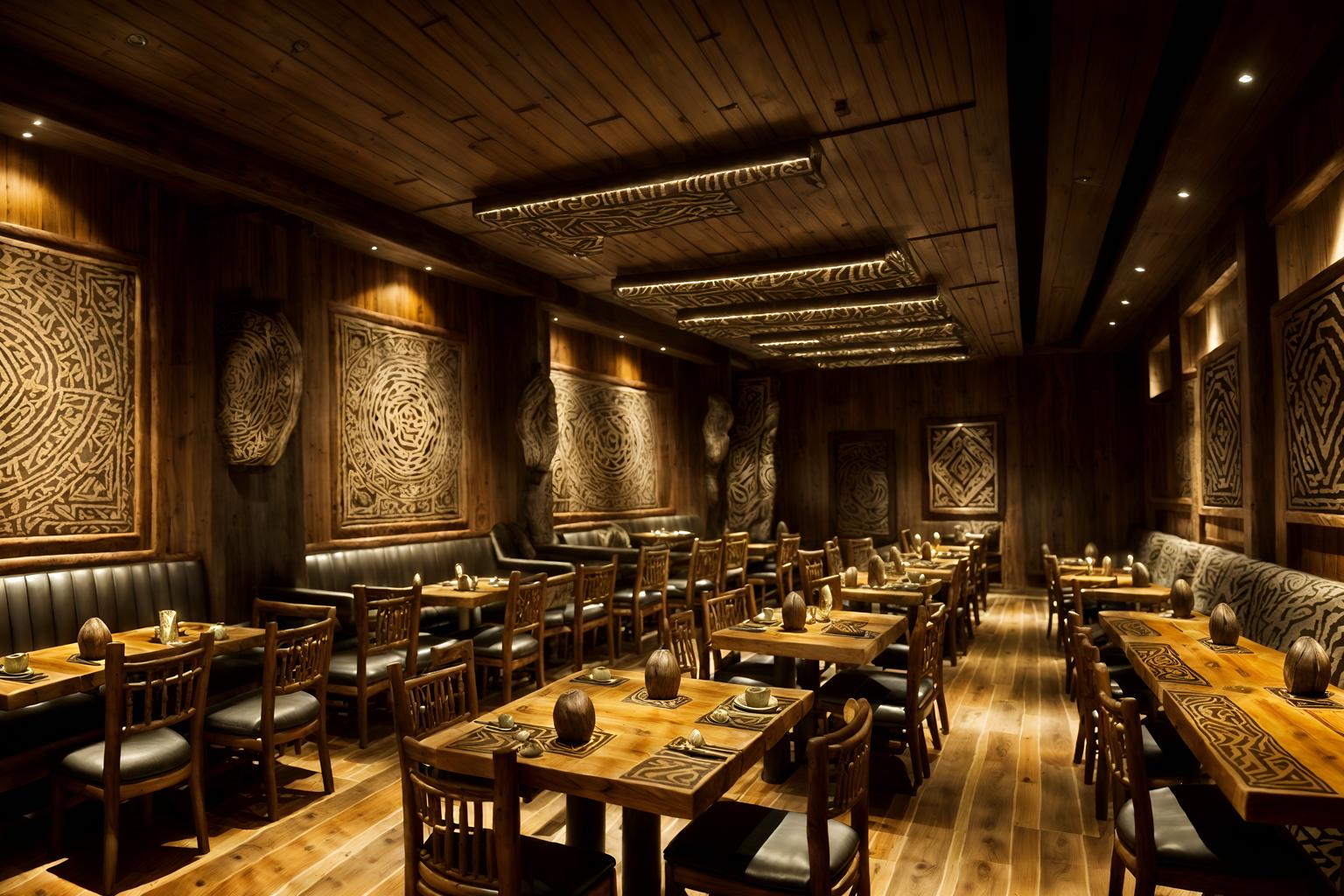 tribal-style (restaurant interior) with restaurant decor and restaurant dining tables and restaurant bar and restaurant chairs and restaurant decor. . with tribal patterns and animal furslinen and smooth worn timbers and intricate grass weaving and planks of stone and animal prints and sculptures and artworks and desert colours. . cinematic photo, highly detailed, cinematic lighting, ultra-detailed, ultrarealistic, photorealism, 8k. tribal interior design style. masterpiece, cinematic light, ultrarealistic+, photorealistic+, 8k, raw photo, realistic, sharp focus on eyes, (symmetrical eyes), (intact eyes), hyperrealistic, highest quality, best quality, , highly detailed, masterpiece, best quality, extremely detailed 8k wallpaper, masterpiece, best quality, ultra-detailed, best shadow, detailed background, detailed face, detailed eyes, high contrast, best illumination, detailed face, dulux, caustic, dynamic angle, detailed glow. dramatic lighting. highly detailed, insanely detailed hair, symmetrical, intricate details, professionally retouched, 8k high definition. strong bokeh. award winning photo.