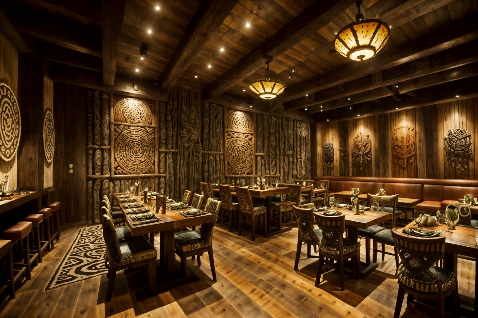 tribal-style (restaurant interior) with restaurant decor and restaurant dining tables and restaurant bar and restaurant chairs and restaurant decor. . with tribal patterns and animal furslinen and smooth worn timbers and intricate grass weaving and planks of stone and animal prints and sculptures and artworks and desert colours. . cinematic photo, highly detailed, cinematic lighting, ultra-detailed, ultrarealistic, photorealism, 8k. tribal interior design style. masterpiece, cinematic light, ultrarealistic+, photorealistic+, 8k, raw photo, realistic, sharp focus on eyes, (symmetrical eyes), (intact eyes), hyperrealistic, highest quality, best quality, , highly detailed, masterpiece, best quality, extremely detailed 8k wallpaper, masterpiece, best quality, ultra-detailed, best shadow, detailed background, detailed face, detailed eyes, high contrast, best illumination, detailed face, dulux, caustic, dynamic angle, detailed glow. dramatic lighting. highly detailed, insanely detailed hair, symmetrical, intricate details, professionally retouched, 8k high definition. strong bokeh. award winning photo.