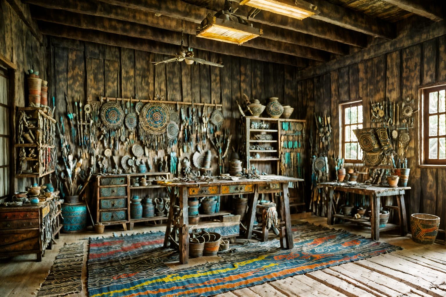 tribal-style (workshop interior) with tool wall and messy and wooden workbench and tool wall. . with tribal patterns and sculptures and artworks and planks of stone and exuberant splashes of colour and animal prints and animal furslinen and hand dyed batik fabrics and tribal revival. . cinematic photo, highly detailed, cinematic lighting, ultra-detailed, ultrarealistic, photorealism, 8k. tribal interior design style. masterpiece, cinematic light, ultrarealistic+, photorealistic+, 8k, raw photo, realistic, sharp focus on eyes, (symmetrical eyes), (intact eyes), hyperrealistic, highest quality, best quality, , highly detailed, masterpiece, best quality, extremely detailed 8k wallpaper, masterpiece, best quality, ultra-detailed, best shadow, detailed background, detailed face, detailed eyes, high contrast, best illumination, detailed face, dulux, caustic, dynamic angle, detailed glow. dramatic lighting. highly detailed, insanely detailed hair, symmetrical, intricate details, professionally retouched, 8k high definition. strong bokeh. award winning photo.