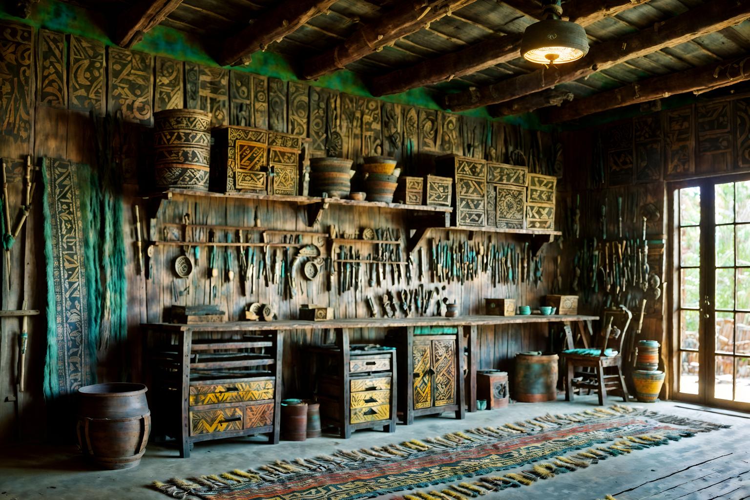 tribal-style (workshop interior) with tool wall and messy and wooden workbench and tool wall. . with tribal patterns and sculptures and artworks and planks of stone and exuberant splashes of colour and animal prints and animal furslinen and hand dyed batik fabrics and tribal revival. . cinematic photo, highly detailed, cinematic lighting, ultra-detailed, ultrarealistic, photorealism, 8k. tribal interior design style. masterpiece, cinematic light, ultrarealistic+, photorealistic+, 8k, raw photo, realistic, sharp focus on eyes, (symmetrical eyes), (intact eyes), hyperrealistic, highest quality, best quality, , highly detailed, masterpiece, best quality, extremely detailed 8k wallpaper, masterpiece, best quality, ultra-detailed, best shadow, detailed background, detailed face, detailed eyes, high contrast, best illumination, detailed face, dulux, caustic, dynamic angle, detailed glow. dramatic lighting. highly detailed, insanely detailed hair, symmetrical, intricate details, professionally retouched, 8k high definition. strong bokeh. award winning photo.