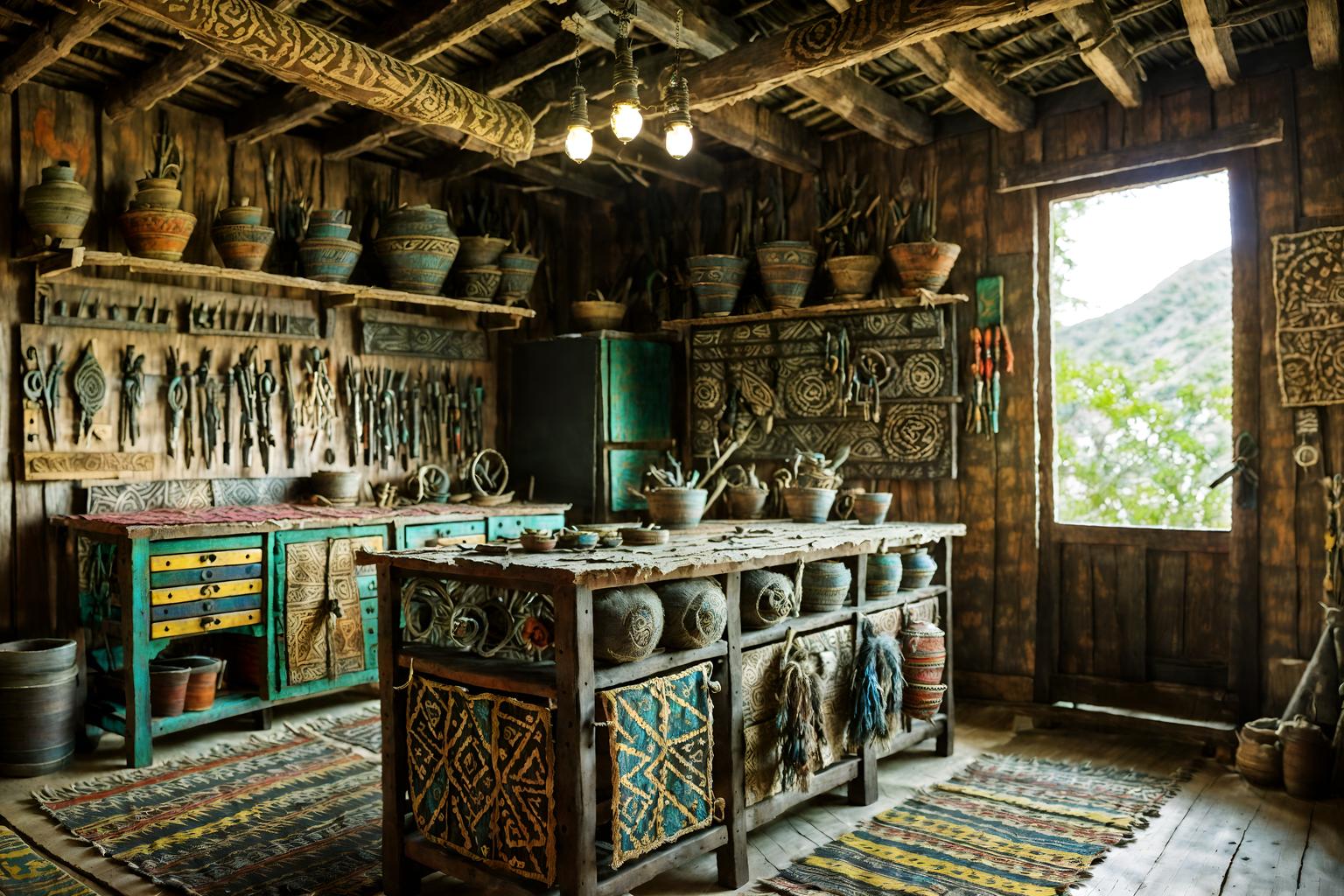 tribal-style (workshop interior) with tool wall and messy and wooden workbench and tool wall. . with tribal patterns and sculptures and artworks and planks of stone and exuberant splashes of colour and animal prints and animal furslinen and hand dyed batik fabrics and tribal revival. . cinematic photo, highly detailed, cinematic lighting, ultra-detailed, ultrarealistic, photorealism, 8k. tribal interior design style. masterpiece, cinematic light, ultrarealistic+, photorealistic+, 8k, raw photo, realistic, sharp focus on eyes, (symmetrical eyes), (intact eyes), hyperrealistic, highest quality, best quality, , highly detailed, masterpiece, best quality, extremely detailed 8k wallpaper, masterpiece, best quality, ultra-detailed, best shadow, detailed background, detailed face, detailed eyes, high contrast, best illumination, detailed face, dulux, caustic, dynamic angle, detailed glow. dramatic lighting. highly detailed, insanely detailed hair, symmetrical, intricate details, professionally retouched, 8k high definition. strong bokeh. award winning photo.