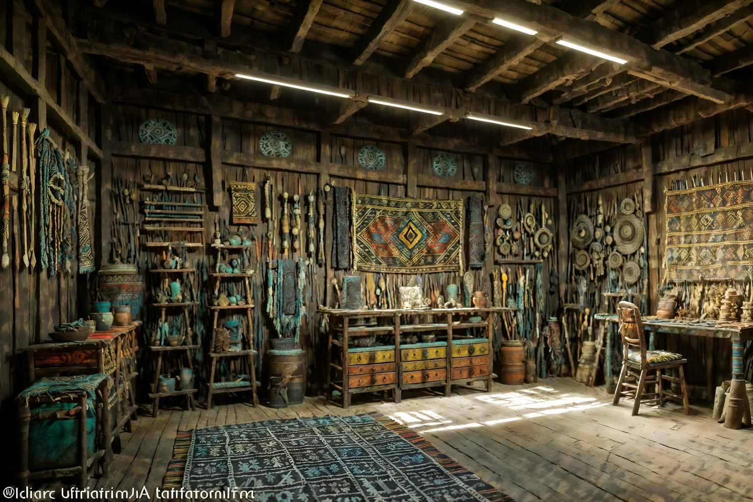 tribal-style (workshop interior) with tool wall and messy and wooden workbench and tool wall. . with tribal patterns and sculptures and artworks and planks of stone and exuberant splashes of colour and animal prints and animal furslinen and hand dyed batik fabrics and tribal revival. . cinematic photo, highly detailed, cinematic lighting, ultra-detailed, ultrarealistic, photorealism, 8k. tribal interior design style. masterpiece, cinematic light, ultrarealistic+, photorealistic+, 8k, raw photo, realistic, sharp focus on eyes, (symmetrical eyes), (intact eyes), hyperrealistic, highest quality, best quality, , highly detailed, masterpiece, best quality, extremely detailed 8k wallpaper, masterpiece, best quality, ultra-detailed, best shadow, detailed background, detailed face, detailed eyes, high contrast, best illumination, detailed face, dulux, caustic, dynamic angle, detailed glow. dramatic lighting. highly detailed, insanely detailed hair, symmetrical, intricate details, professionally retouched, 8k high definition. strong bokeh. award winning photo.