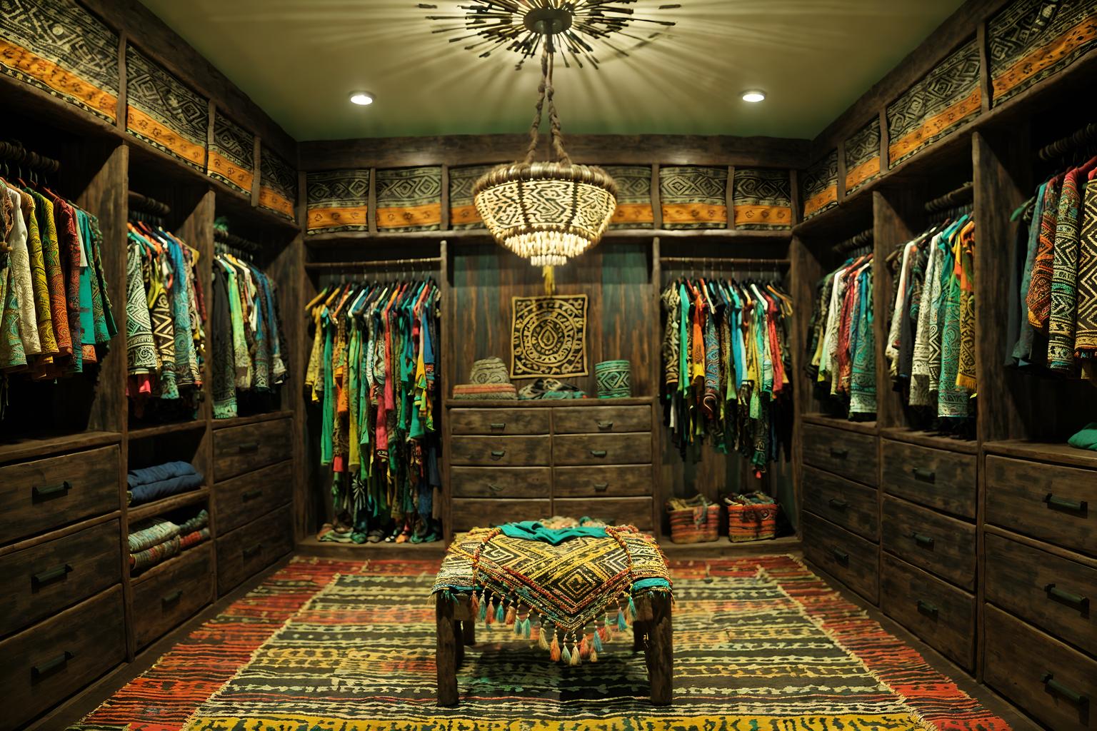 tribal-style (walk in closet interior) . with tribal revival and intricate grass weaving and exuberant splashes of colour and hand dyed batik fabrics and planks of stone and animal prints and smooth worn timbers and sculptures and artworks. . cinematic photo, highly detailed, cinematic lighting, ultra-detailed, ultrarealistic, photorealism, 8k. tribal interior design style. masterpiece, cinematic light, ultrarealistic+, photorealistic+, 8k, raw photo, realistic, sharp focus on eyes, (symmetrical eyes), (intact eyes), hyperrealistic, highest quality, best quality, , highly detailed, masterpiece, best quality, extremely detailed 8k wallpaper, masterpiece, best quality, ultra-detailed, best shadow, detailed background, detailed face, detailed eyes, high contrast, best illumination, detailed face, dulux, caustic, dynamic angle, detailed glow. dramatic lighting. highly detailed, insanely detailed hair, symmetrical, intricate details, professionally retouched, 8k high definition. strong bokeh. award winning photo.