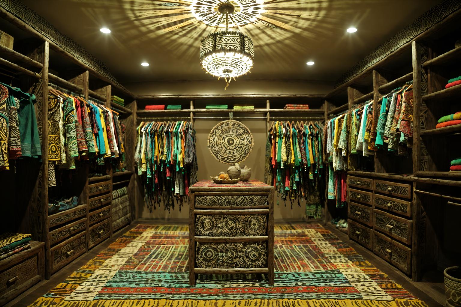 tribal-style (walk in closet interior) . with tribal revival and intricate grass weaving and exuberant splashes of colour and hand dyed batik fabrics and planks of stone and animal prints and smooth worn timbers and sculptures and artworks. . cinematic photo, highly detailed, cinematic lighting, ultra-detailed, ultrarealistic, photorealism, 8k. tribal interior design style. masterpiece, cinematic light, ultrarealistic+, photorealistic+, 8k, raw photo, realistic, sharp focus on eyes, (symmetrical eyes), (intact eyes), hyperrealistic, highest quality, best quality, , highly detailed, masterpiece, best quality, extremely detailed 8k wallpaper, masterpiece, best quality, ultra-detailed, best shadow, detailed background, detailed face, detailed eyes, high contrast, best illumination, detailed face, dulux, caustic, dynamic angle, detailed glow. dramatic lighting. highly detailed, insanely detailed hair, symmetrical, intricate details, professionally retouched, 8k high definition. strong bokeh. award winning photo.