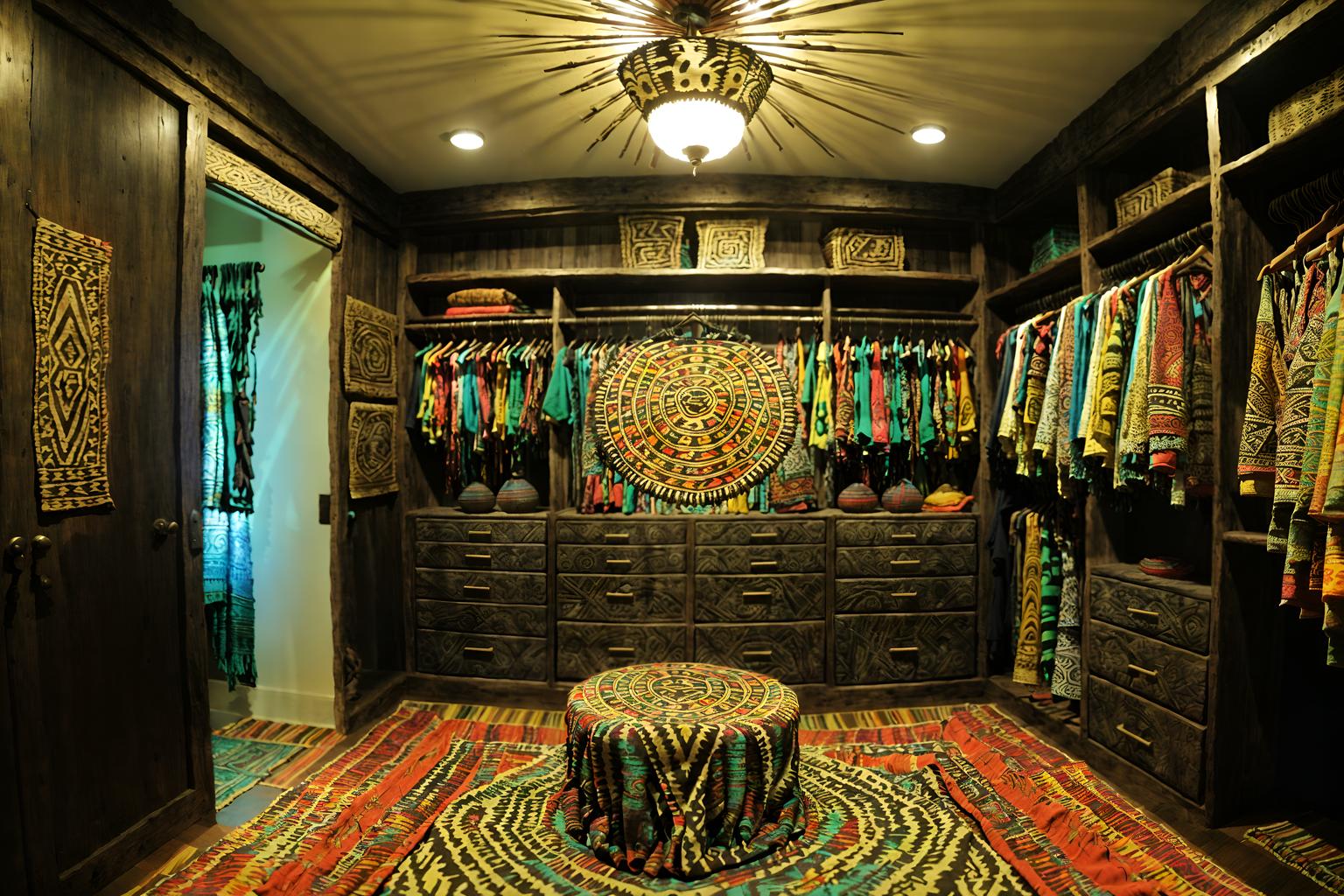 tribal-style (walk in closet interior) . with tribal revival and intricate grass weaving and exuberant splashes of colour and hand dyed batik fabrics and planks of stone and animal prints and smooth worn timbers and sculptures and artworks. . cinematic photo, highly detailed, cinematic lighting, ultra-detailed, ultrarealistic, photorealism, 8k. tribal interior design style. masterpiece, cinematic light, ultrarealistic+, photorealistic+, 8k, raw photo, realistic, sharp focus on eyes, (symmetrical eyes), (intact eyes), hyperrealistic, highest quality, best quality, , highly detailed, masterpiece, best quality, extremely detailed 8k wallpaper, masterpiece, best quality, ultra-detailed, best shadow, detailed background, detailed face, detailed eyes, high contrast, best illumination, detailed face, dulux, caustic, dynamic angle, detailed glow. dramatic lighting. highly detailed, insanely detailed hair, symmetrical, intricate details, professionally retouched, 8k high definition. strong bokeh. award winning photo.