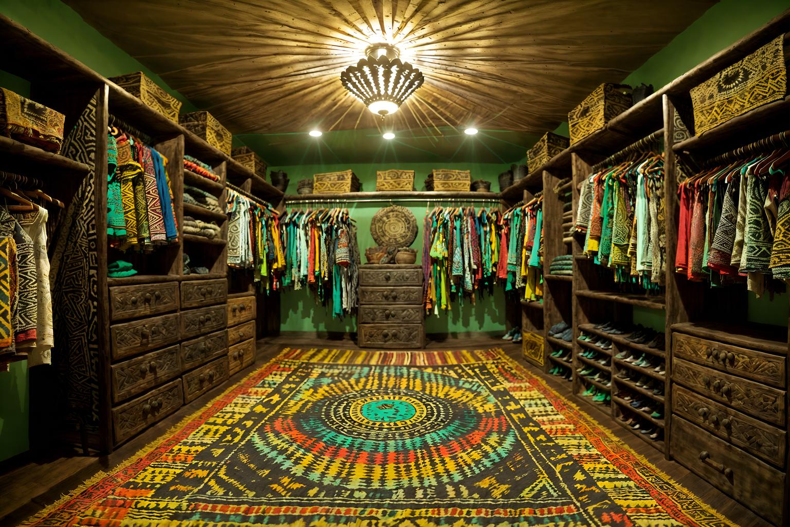 tribal-style (walk in closet interior) . with tribal revival and intricate grass weaving and exuberant splashes of colour and hand dyed batik fabrics and planks of stone and animal prints and smooth worn timbers and sculptures and artworks. . cinematic photo, highly detailed, cinematic lighting, ultra-detailed, ultrarealistic, photorealism, 8k. tribal interior design style. masterpiece, cinematic light, ultrarealistic+, photorealistic+, 8k, raw photo, realistic, sharp focus on eyes, (symmetrical eyes), (intact eyes), hyperrealistic, highest quality, best quality, , highly detailed, masterpiece, best quality, extremely detailed 8k wallpaper, masterpiece, best quality, ultra-detailed, best shadow, detailed background, detailed face, detailed eyes, high contrast, best illumination, detailed face, dulux, caustic, dynamic angle, detailed glow. dramatic lighting. highly detailed, insanely detailed hair, symmetrical, intricate details, professionally retouched, 8k high definition. strong bokeh. award winning photo.