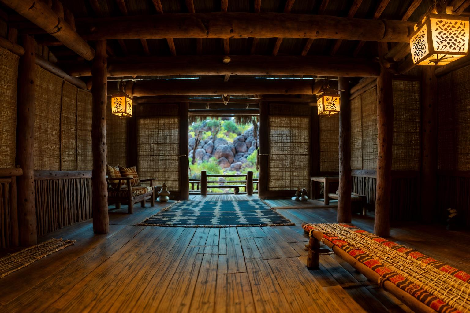 tribal-style (onsen interior) . with desert colours and smooth worn timbers and hand dyed batik fabrics and sculptures and artworks and planks of stone and animal prints and tribal revival and intricate grass weaving. . cinematic photo, highly detailed, cinematic lighting, ultra-detailed, ultrarealistic, photorealism, 8k. tribal interior design style. masterpiece, cinematic light, ultrarealistic+, photorealistic+, 8k, raw photo, realistic, sharp focus on eyes, (symmetrical eyes), (intact eyes), hyperrealistic, highest quality, best quality, , highly detailed, masterpiece, best quality, extremely detailed 8k wallpaper, masterpiece, best quality, ultra-detailed, best shadow, detailed background, detailed face, detailed eyes, high contrast, best illumination, detailed face, dulux, caustic, dynamic angle, detailed glow. dramatic lighting. highly detailed, insanely detailed hair, symmetrical, intricate details, professionally retouched, 8k high definition. strong bokeh. award winning photo.