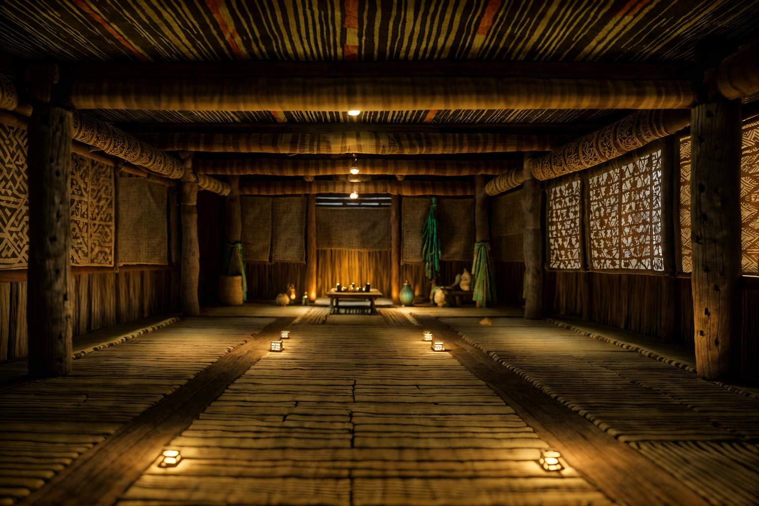 tribal-style (onsen interior) . with desert colours and smooth worn timbers and hand dyed batik fabrics and sculptures and artworks and planks of stone and animal prints and tribal revival and intricate grass weaving. . cinematic photo, highly detailed, cinematic lighting, ultra-detailed, ultrarealistic, photorealism, 8k. tribal interior design style. masterpiece, cinematic light, ultrarealistic+, photorealistic+, 8k, raw photo, realistic, sharp focus on eyes, (symmetrical eyes), (intact eyes), hyperrealistic, highest quality, best quality, , highly detailed, masterpiece, best quality, extremely detailed 8k wallpaper, masterpiece, best quality, ultra-detailed, best shadow, detailed background, detailed face, detailed eyes, high contrast, best illumination, detailed face, dulux, caustic, dynamic angle, detailed glow. dramatic lighting. highly detailed, insanely detailed hair, symmetrical, intricate details, professionally retouched, 8k high definition. strong bokeh. award winning photo.