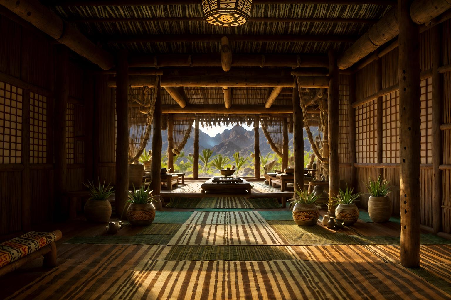 tribal-style (onsen interior) . with desert colours and smooth worn timbers and hand dyed batik fabrics and sculptures and artworks and planks of stone and animal prints and tribal revival and intricate grass weaving. . cinematic photo, highly detailed, cinematic lighting, ultra-detailed, ultrarealistic, photorealism, 8k. tribal interior design style. masterpiece, cinematic light, ultrarealistic+, photorealistic+, 8k, raw photo, realistic, sharp focus on eyes, (symmetrical eyes), (intact eyes), hyperrealistic, highest quality, best quality, , highly detailed, masterpiece, best quality, extremely detailed 8k wallpaper, masterpiece, best quality, ultra-detailed, best shadow, detailed background, detailed face, detailed eyes, high contrast, best illumination, detailed face, dulux, caustic, dynamic angle, detailed glow. dramatic lighting. highly detailed, insanely detailed hair, symmetrical, intricate details, professionally retouched, 8k high definition. strong bokeh. award winning photo.