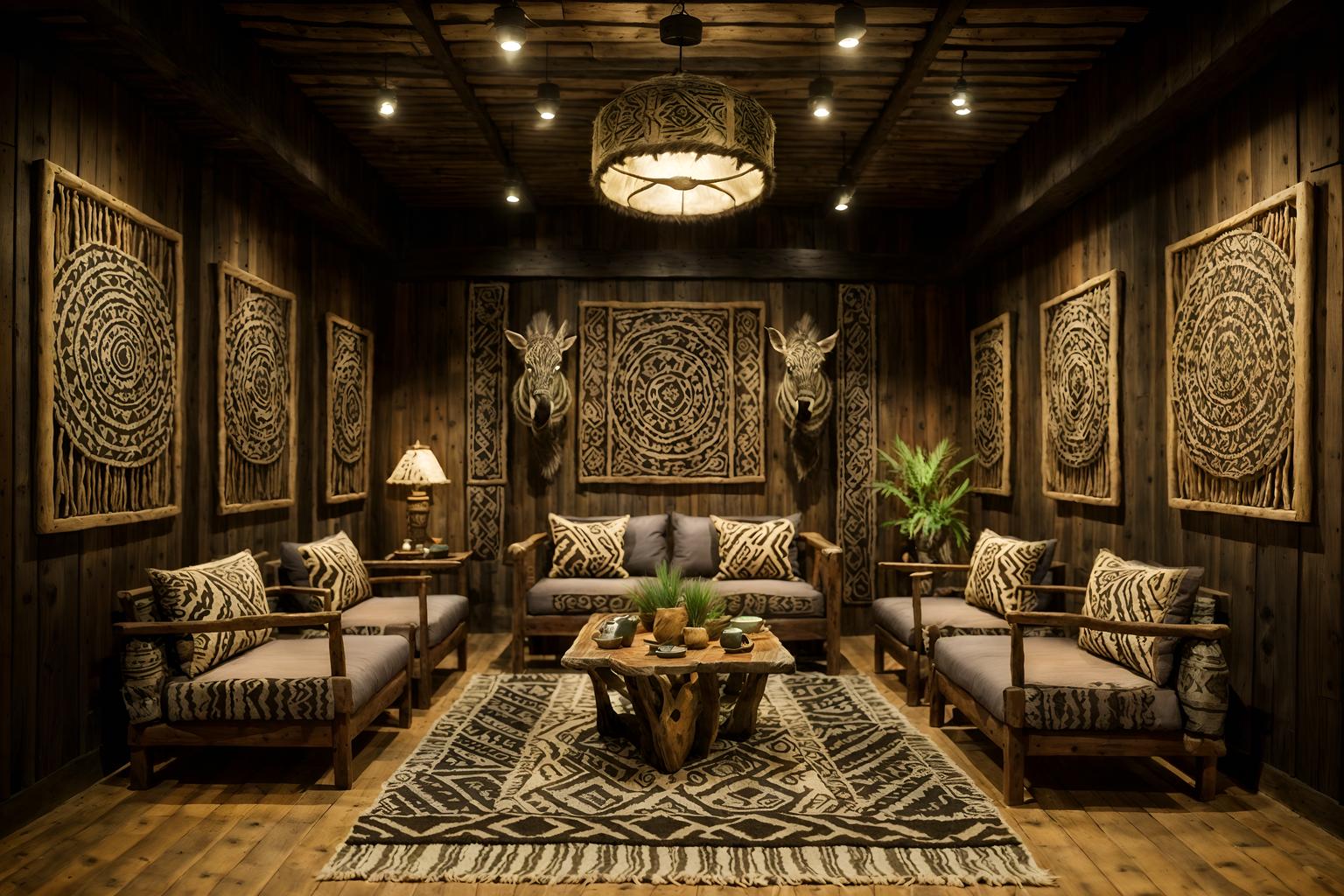 tribal-style (coffee shop interior) . with animal prints and animal furslinen and intricate grass weaving and sculptures and artworks and planks of stone and desert colours and smooth worn timbers and tribal revival. . cinematic photo, highly detailed, cinematic lighting, ultra-detailed, ultrarealistic, photorealism, 8k. tribal interior design style. masterpiece, cinematic light, ultrarealistic+, photorealistic+, 8k, raw photo, realistic, sharp focus on eyes, (symmetrical eyes), (intact eyes), hyperrealistic, highest quality, best quality, , highly detailed, masterpiece, best quality, extremely detailed 8k wallpaper, masterpiece, best quality, ultra-detailed, best shadow, detailed background, detailed face, detailed eyes, high contrast, best illumination, detailed face, dulux, caustic, dynamic angle, detailed glow. dramatic lighting. highly detailed, insanely detailed hair, symmetrical, intricate details, professionally retouched, 8k high definition. strong bokeh. award winning photo.