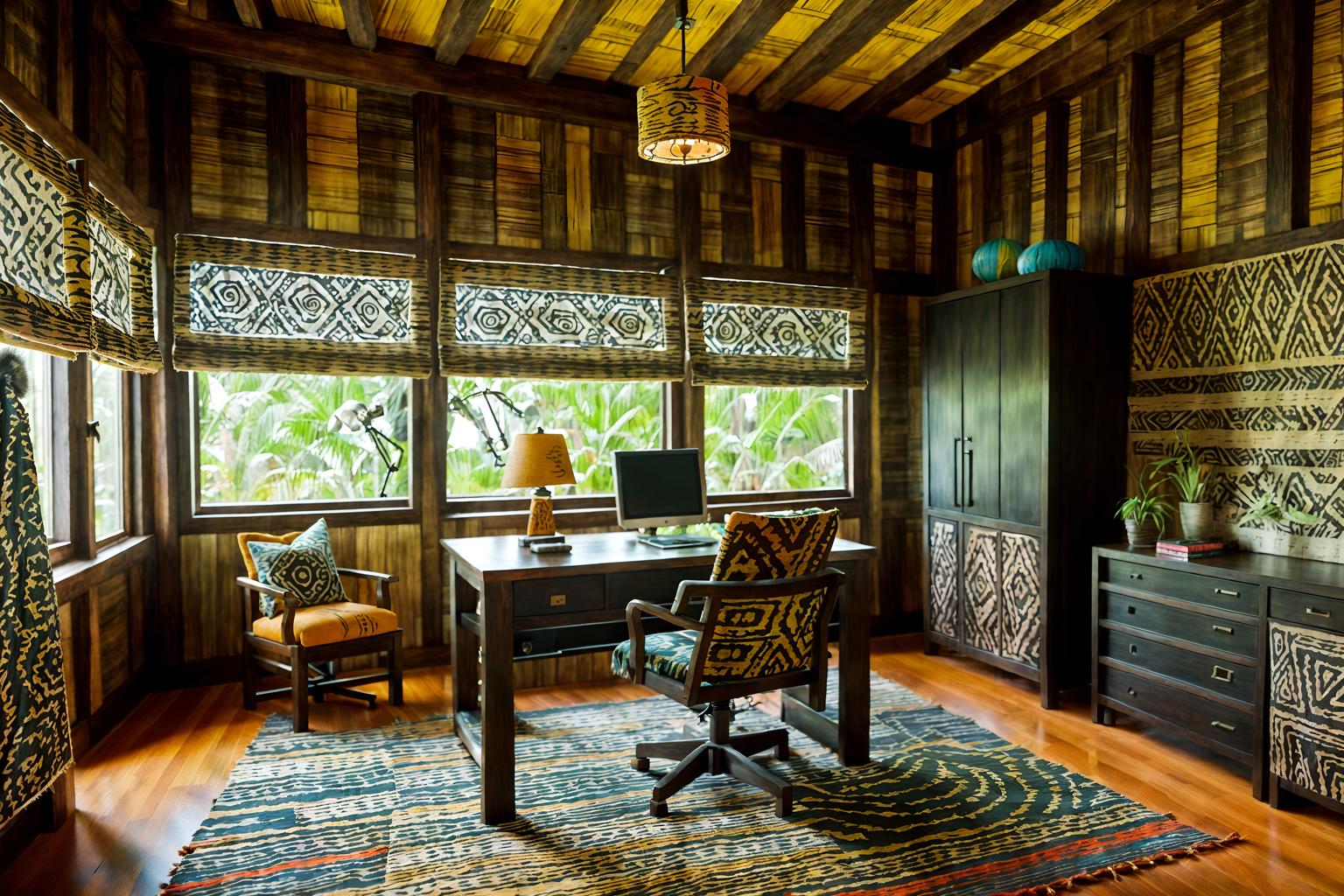 tribal-style (home office interior) with cabinets and plant and computer desk and desk lamp and office chair and cabinets. . with hand dyed batik fabrics and animal furslinen and exuberant splashes of colour and planks of stone and tribal patterns and sculptures and artworks and animal prints and smooth worn timbers. . cinematic photo, highly detailed, cinematic lighting, ultra-detailed, ultrarealistic, photorealism, 8k. tribal interior design style. masterpiece, cinematic light, ultrarealistic+, photorealistic+, 8k, raw photo, realistic, sharp focus on eyes, (symmetrical eyes), (intact eyes), hyperrealistic, highest quality, best quality, , highly detailed, masterpiece, best quality, extremely detailed 8k wallpaper, masterpiece, best quality, ultra-detailed, best shadow, detailed background, detailed face, detailed eyes, high contrast, best illumination, detailed face, dulux, caustic, dynamic angle, detailed glow. dramatic lighting. highly detailed, insanely detailed hair, symmetrical, intricate details, professionally retouched, 8k high definition. strong bokeh. award winning photo.