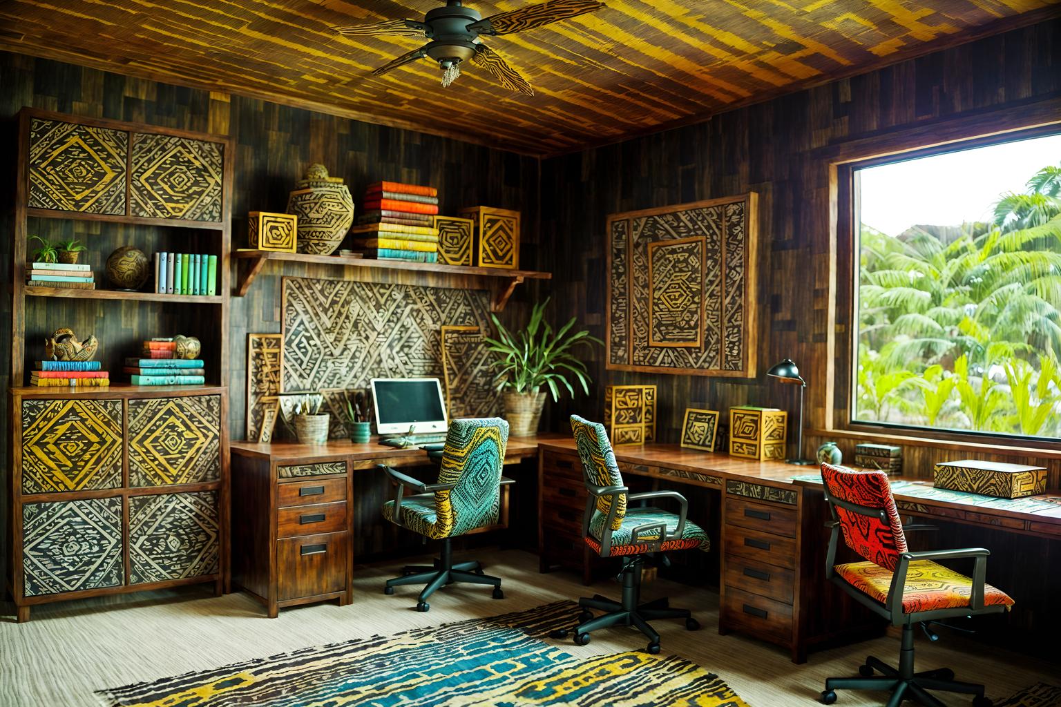 tribal-style (home office interior) with cabinets and plant and computer desk and desk lamp and office chair and cabinets. . with hand dyed batik fabrics and animal furslinen and exuberant splashes of colour and planks of stone and tribal patterns and sculptures and artworks and animal prints and smooth worn timbers. . cinematic photo, highly detailed, cinematic lighting, ultra-detailed, ultrarealistic, photorealism, 8k. tribal interior design style. masterpiece, cinematic light, ultrarealistic+, photorealistic+, 8k, raw photo, realistic, sharp focus on eyes, (symmetrical eyes), (intact eyes), hyperrealistic, highest quality, best quality, , highly detailed, masterpiece, best quality, extremely detailed 8k wallpaper, masterpiece, best quality, ultra-detailed, best shadow, detailed background, detailed face, detailed eyes, high contrast, best illumination, detailed face, dulux, caustic, dynamic angle, detailed glow. dramatic lighting. highly detailed, insanely detailed hair, symmetrical, intricate details, professionally retouched, 8k high definition. strong bokeh. award winning photo.